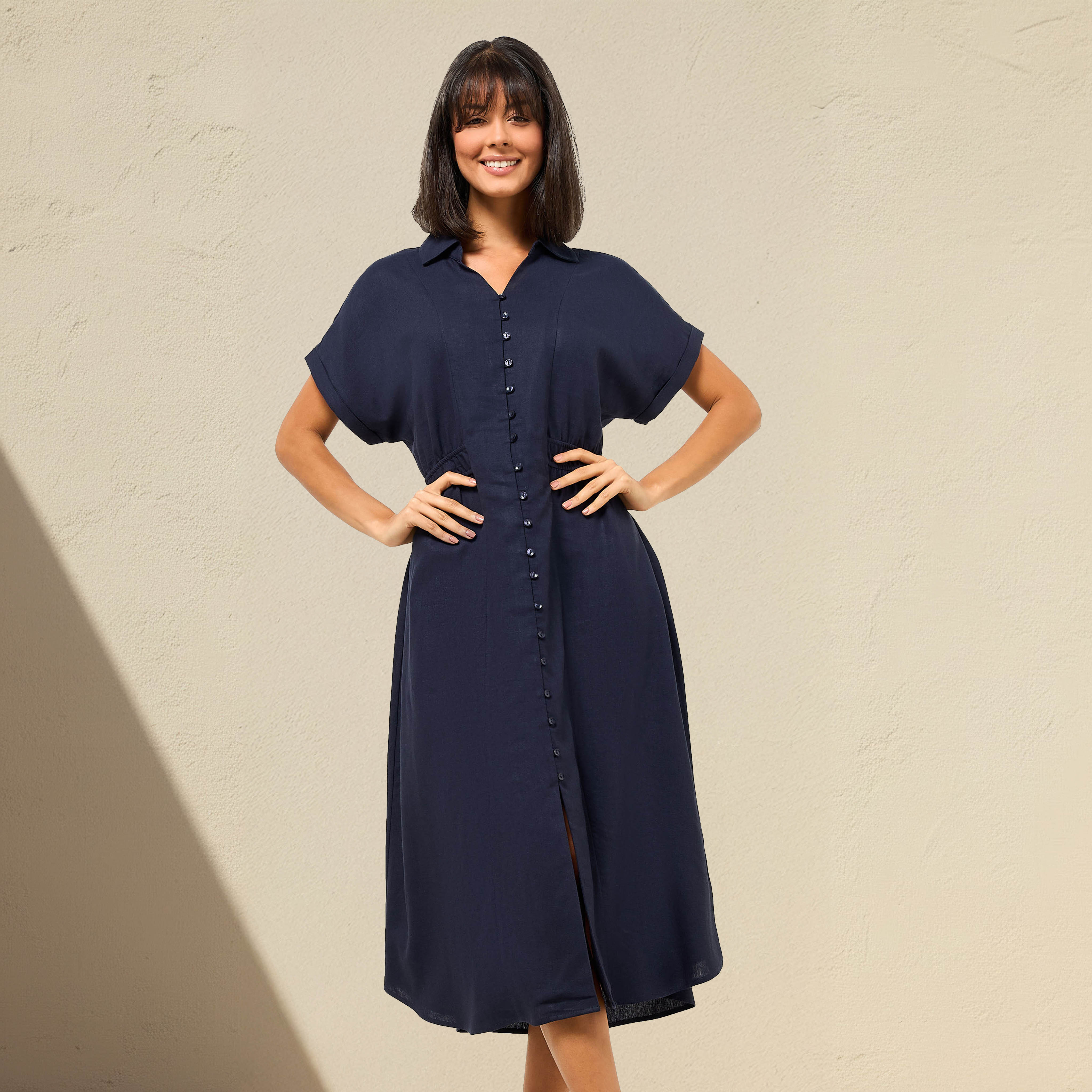 A-line Midi Linen Blend Shirt Dress with Cinched Waist-women-clothing-dresses-image-1