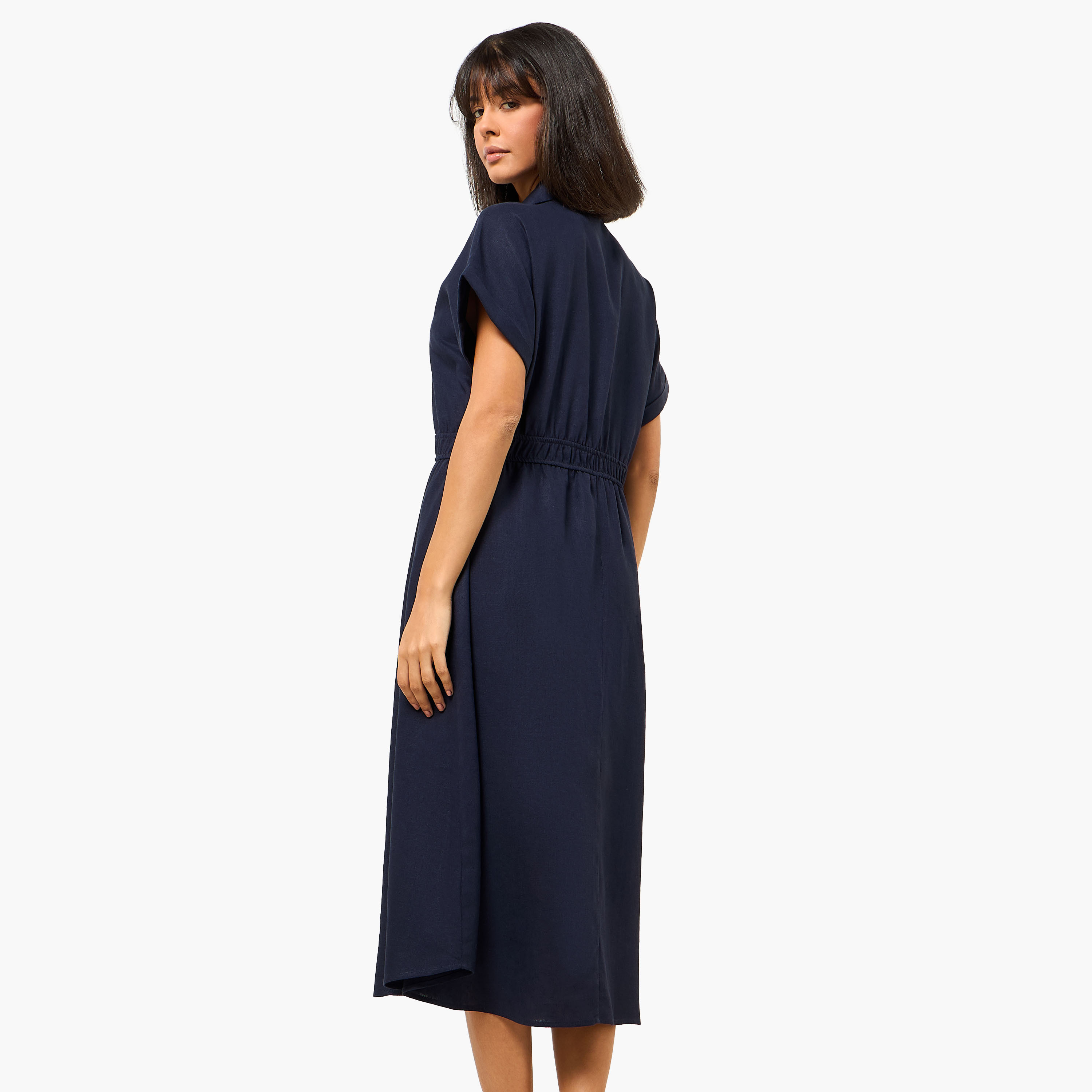 A-line Midi Linen Blend Shirt Dress with Cinched Waist-women-clothing-dresses-image-5