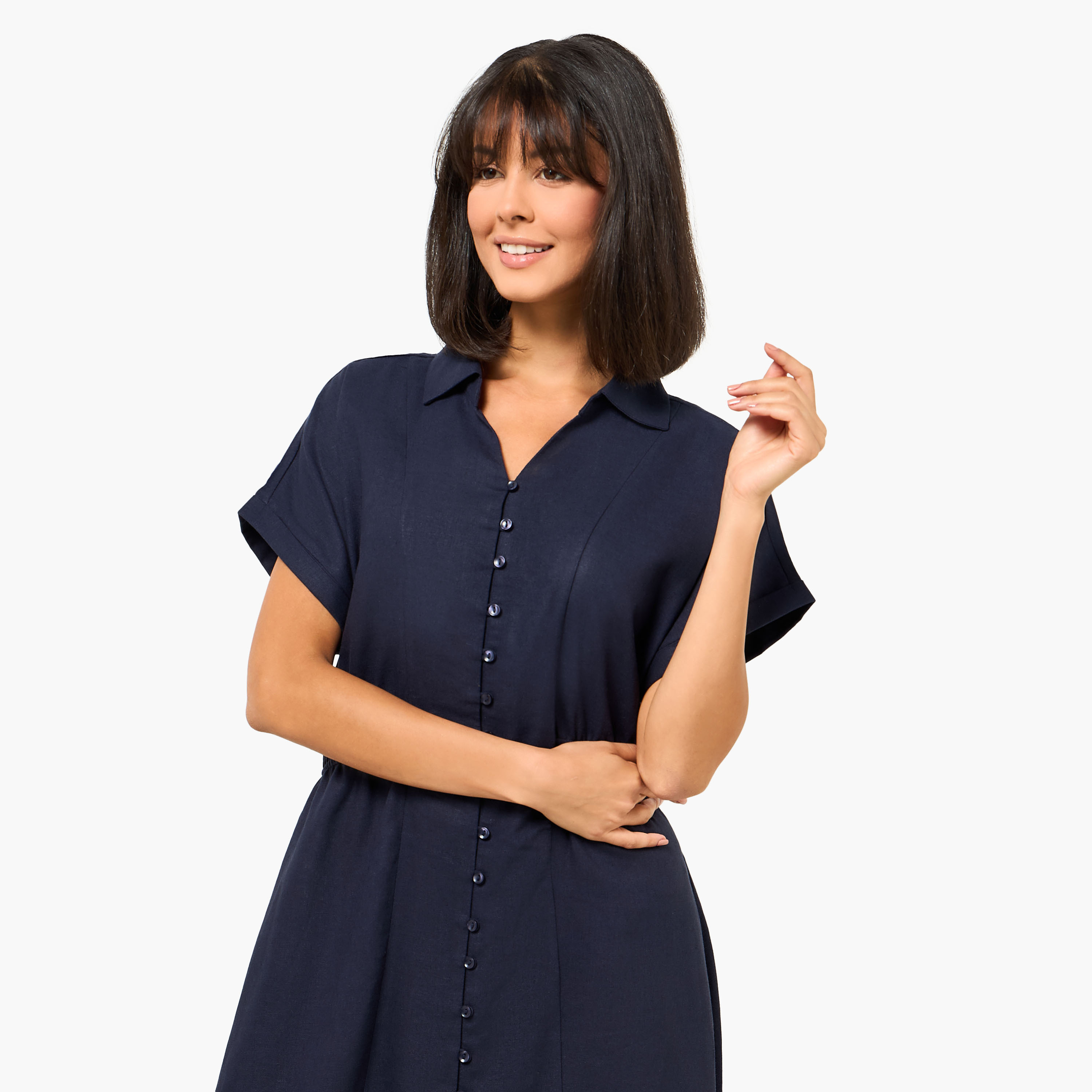A-line Midi Linen Blend Shirt Dress with Cinched Waist-women-clothing-dresses-image-6
