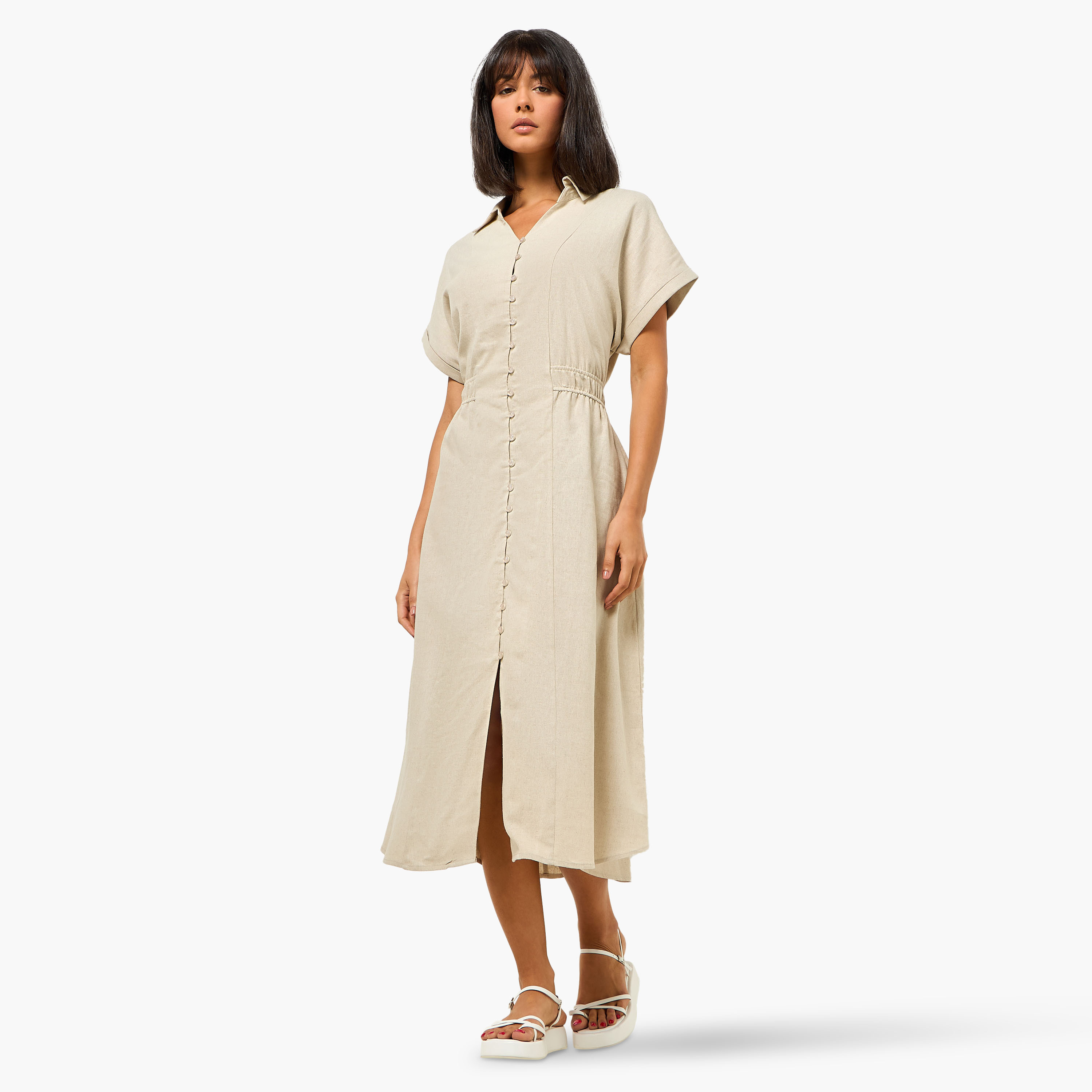 A-line Midi Linen Blend Shirt Dress with Cinched Waist-women-clothing-dresses-image-2