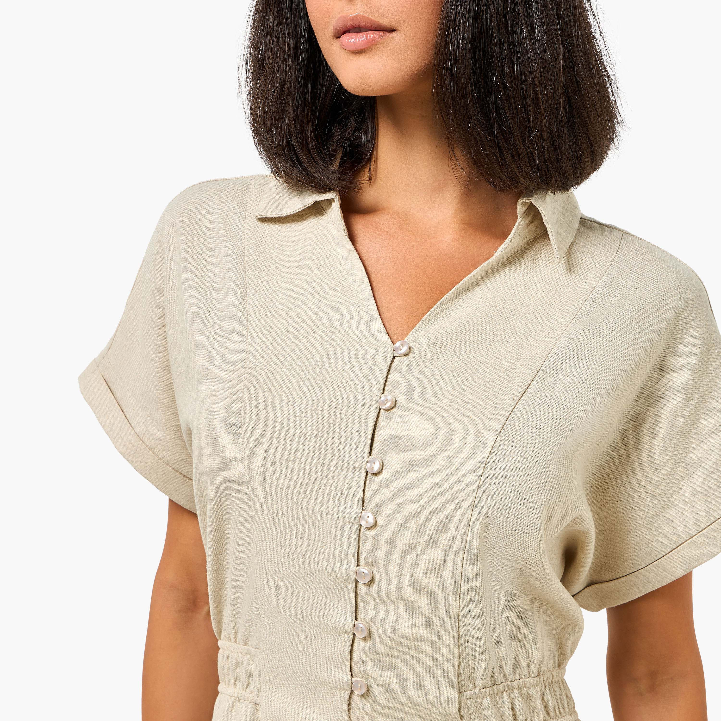 A-line Midi Linen Blend Shirt Dress with Cinched Waist-women-clothing-dresses-image-3