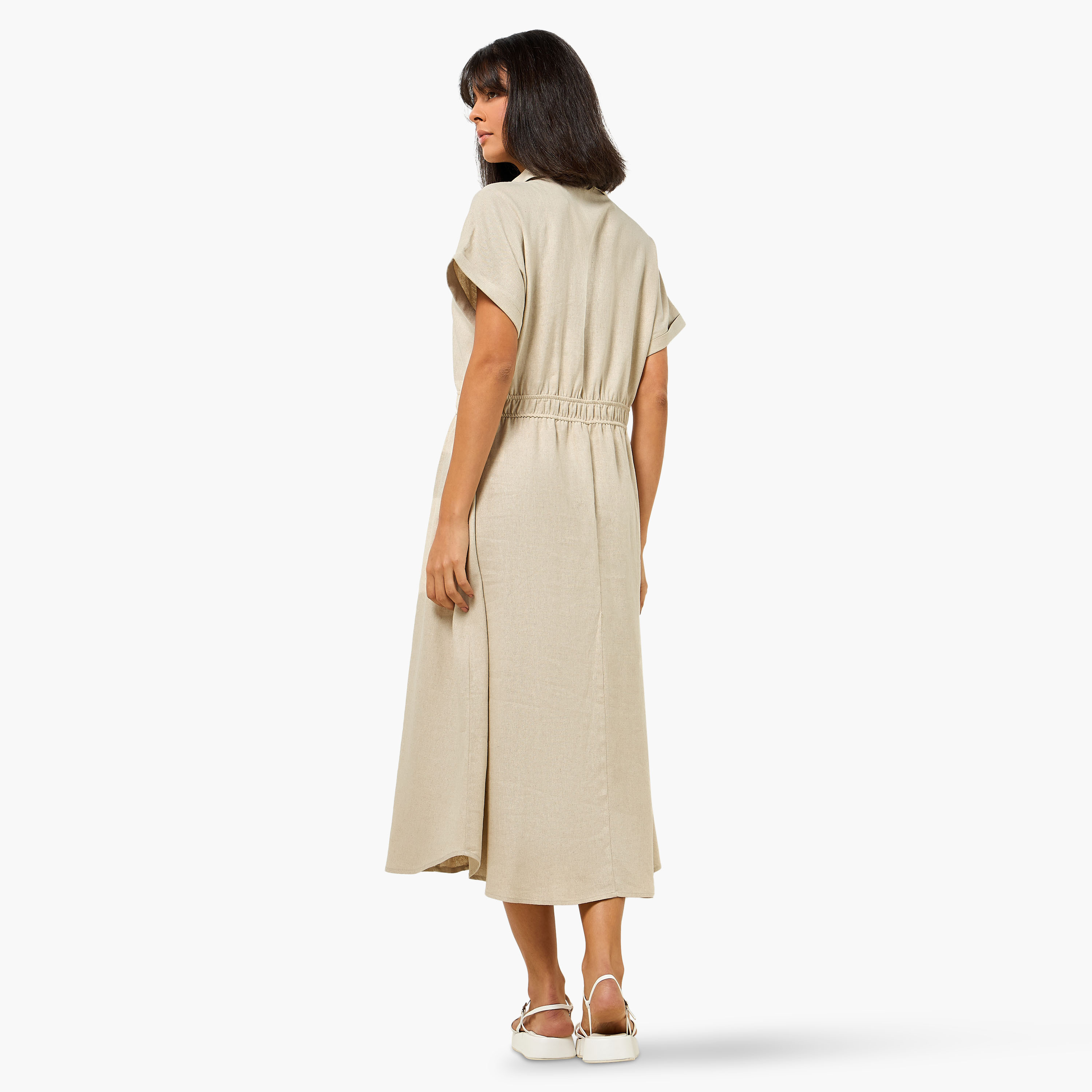 A-line Midi Linen Blend Shirt Dress with Cinched Waist-women-clothing-dresses-image-5