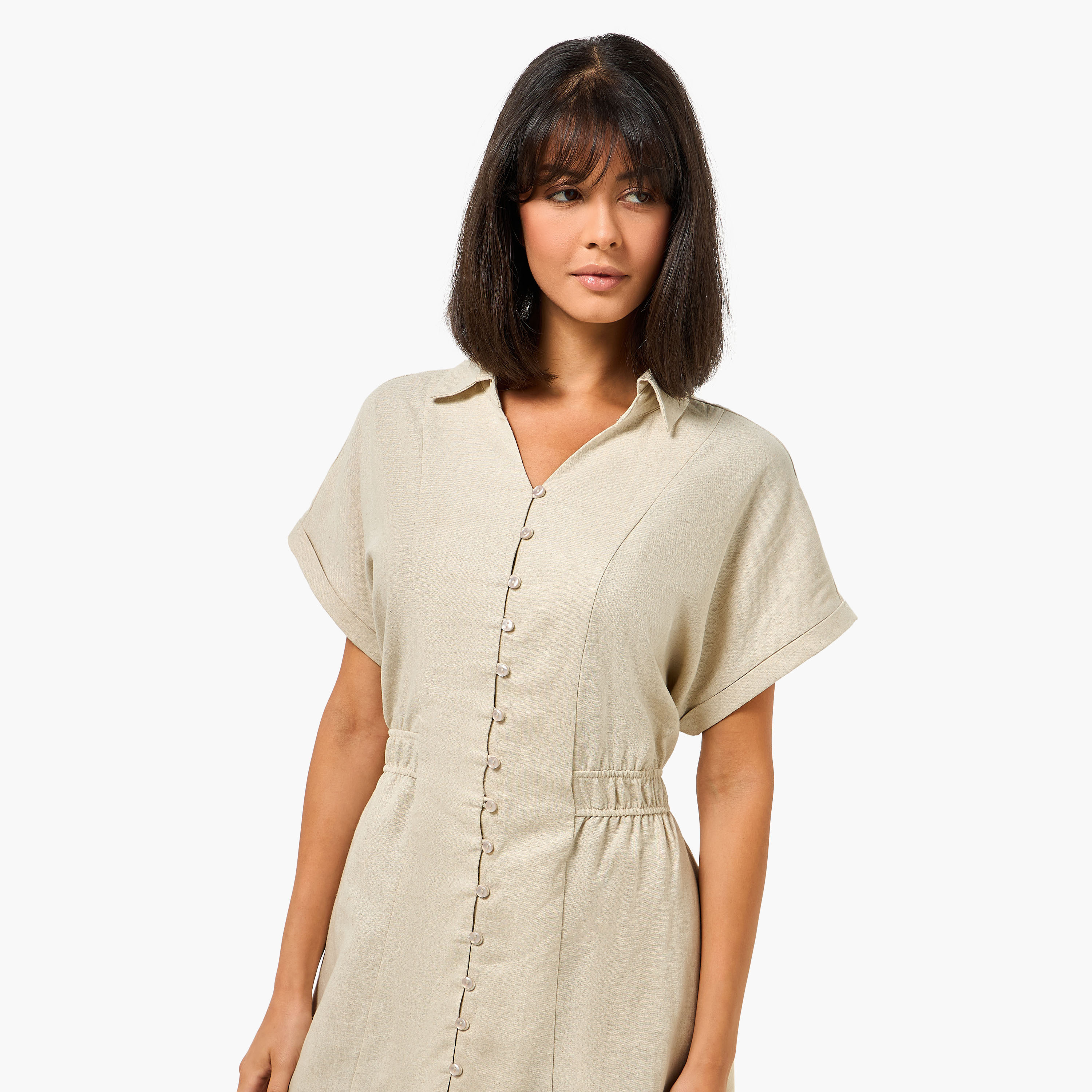 A-line Midi Linen Blend Shirt Dress with Cinched Waist-women-clothing-dresses-image-6