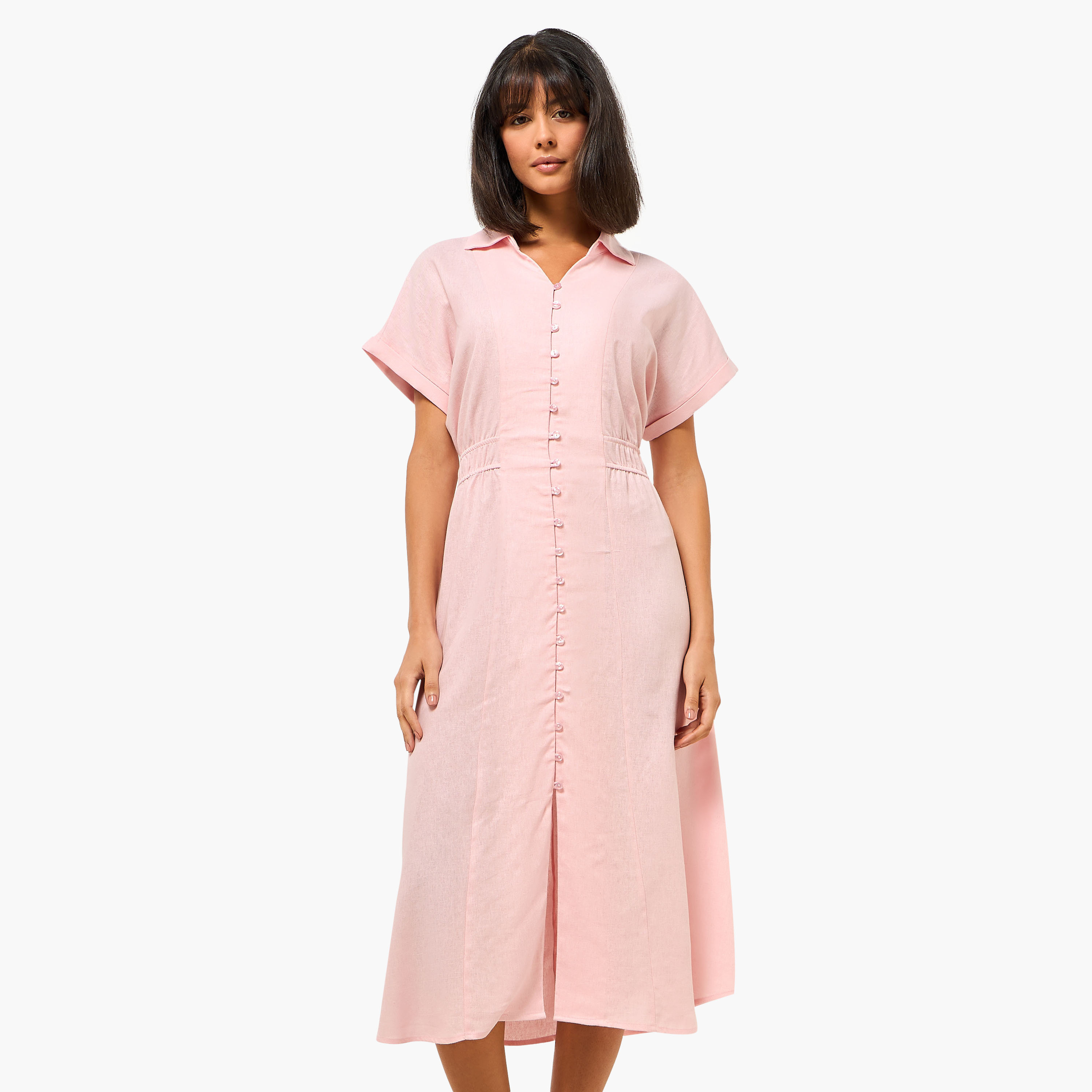 A-line Midi Linen Blend Shirt Dress with Cinched Waist-women-clothing-dresses-image-2