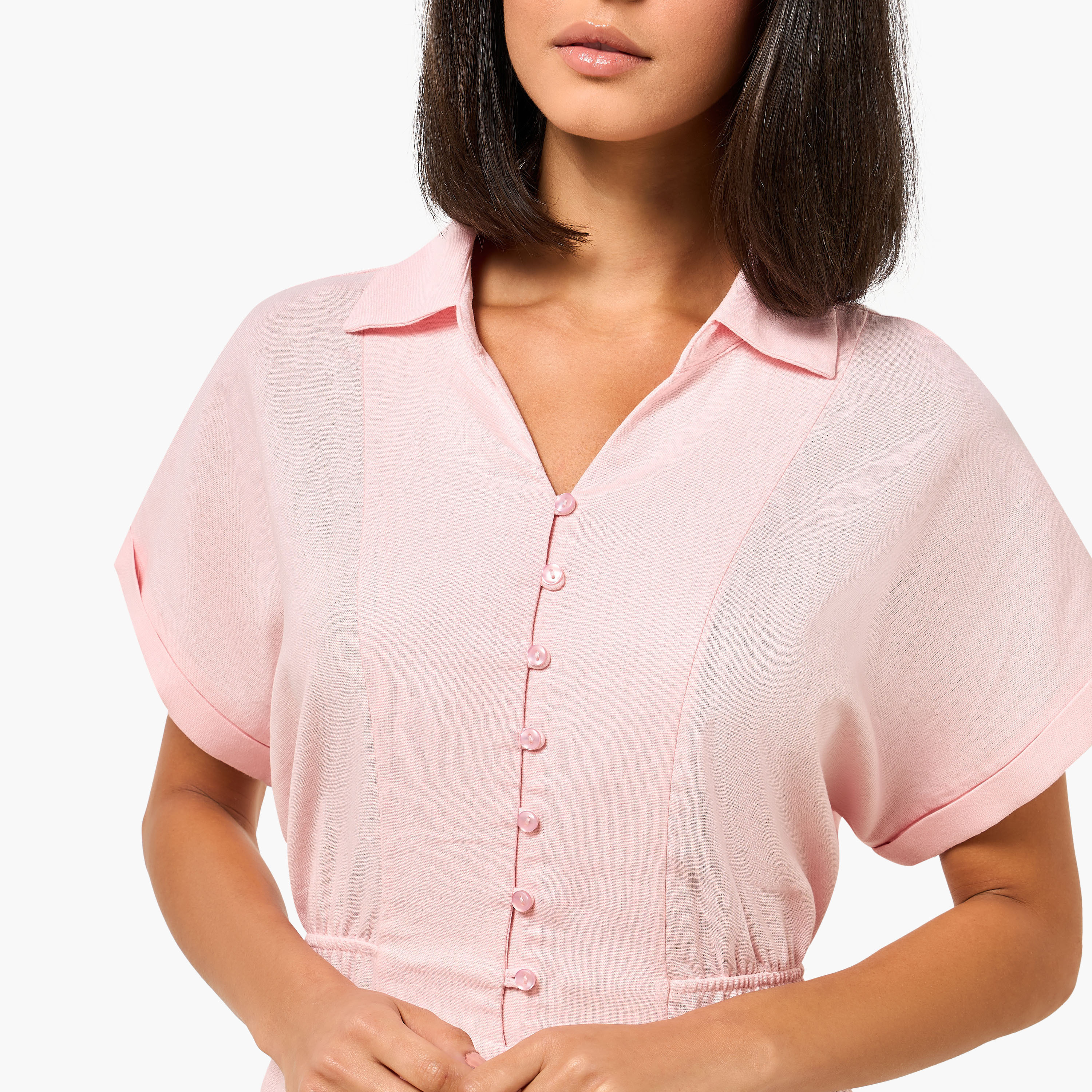 A-line Midi Linen Blend Shirt Dress with Cinched Waist-women-clothing-dresses-image-3