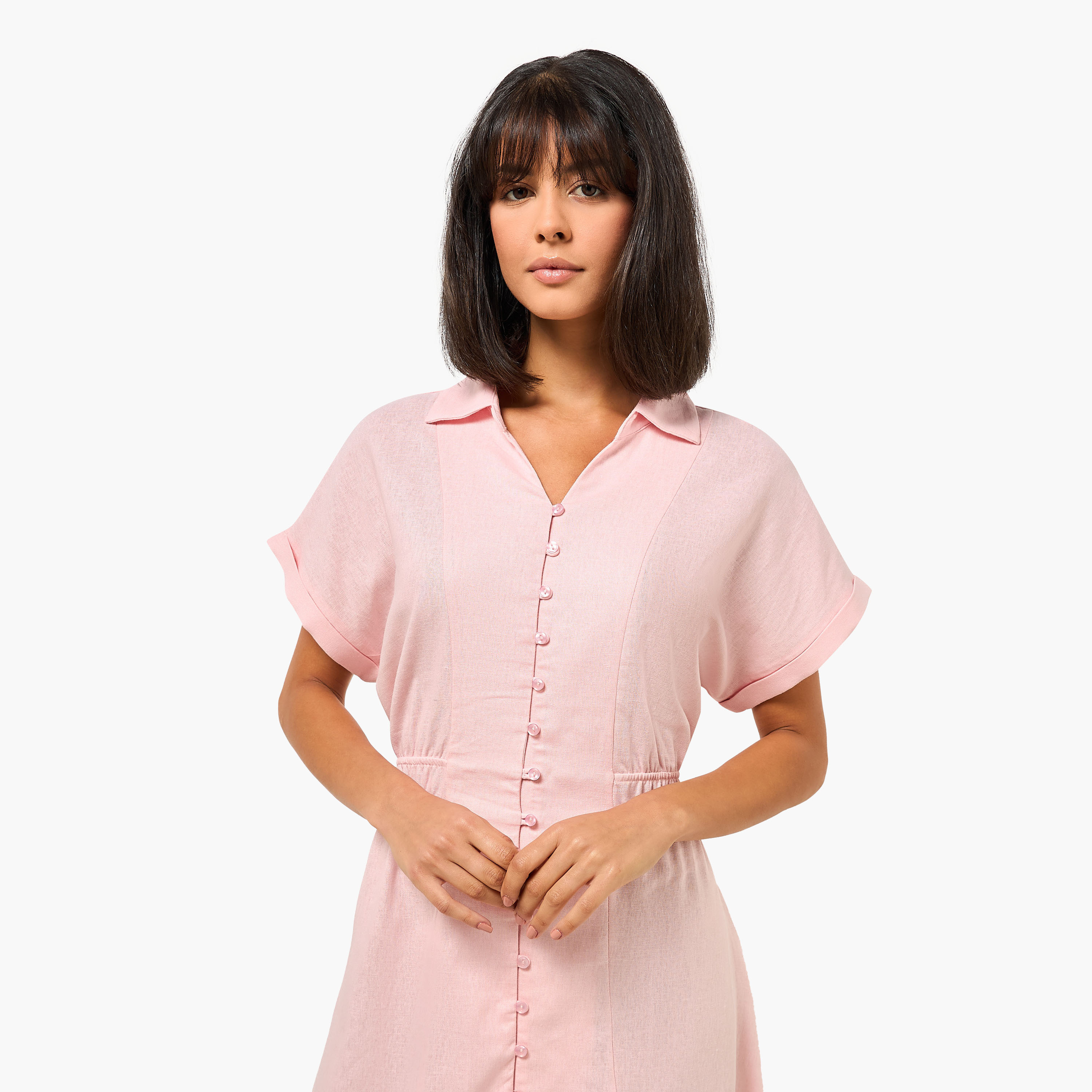 A-line Midi Linen Blend Shirt Dress with Cinched Waist-women-clothing-dresses-image-6