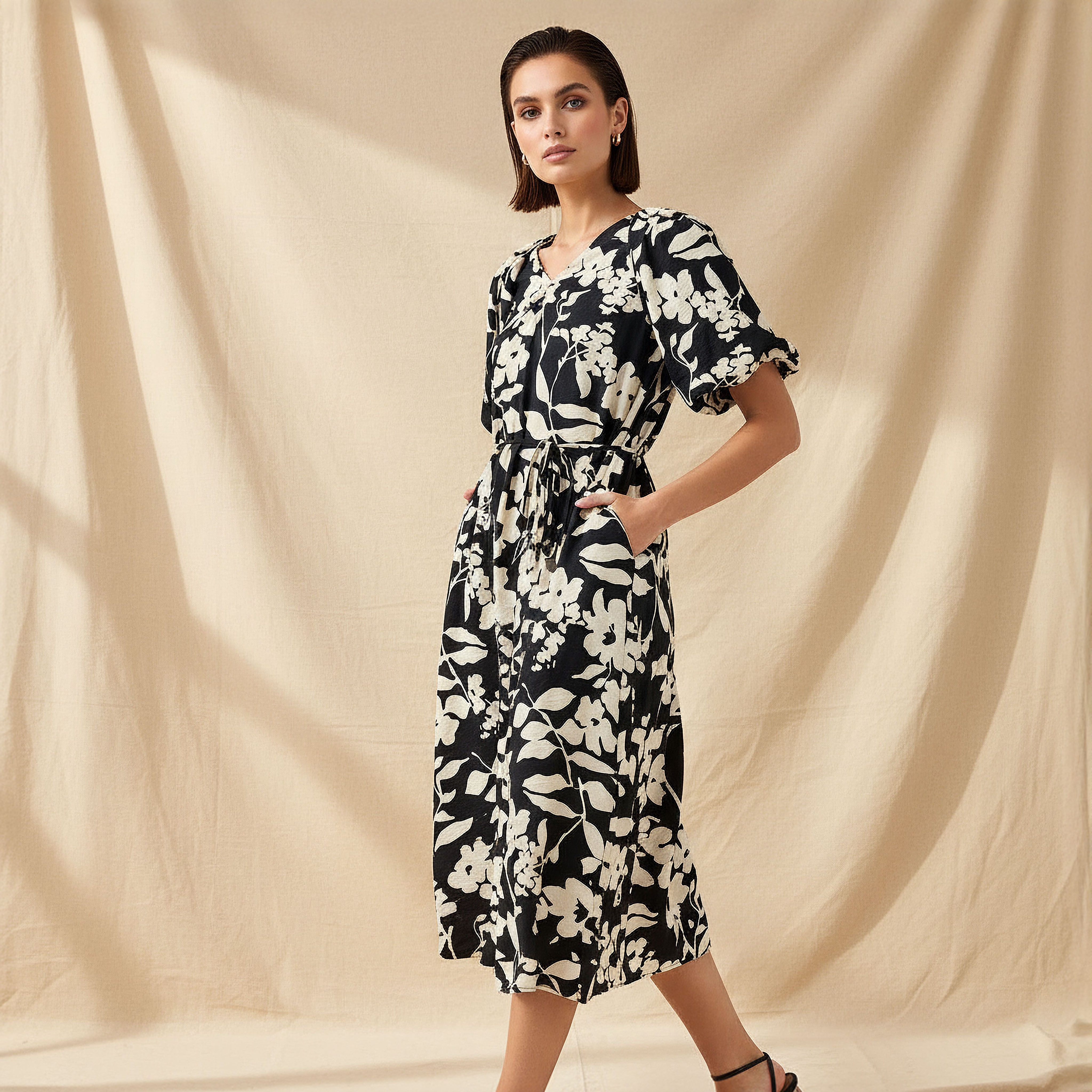 Midi Floral Print Women Dress with Balloon Sleeves-women-clothing-dresses-image-1