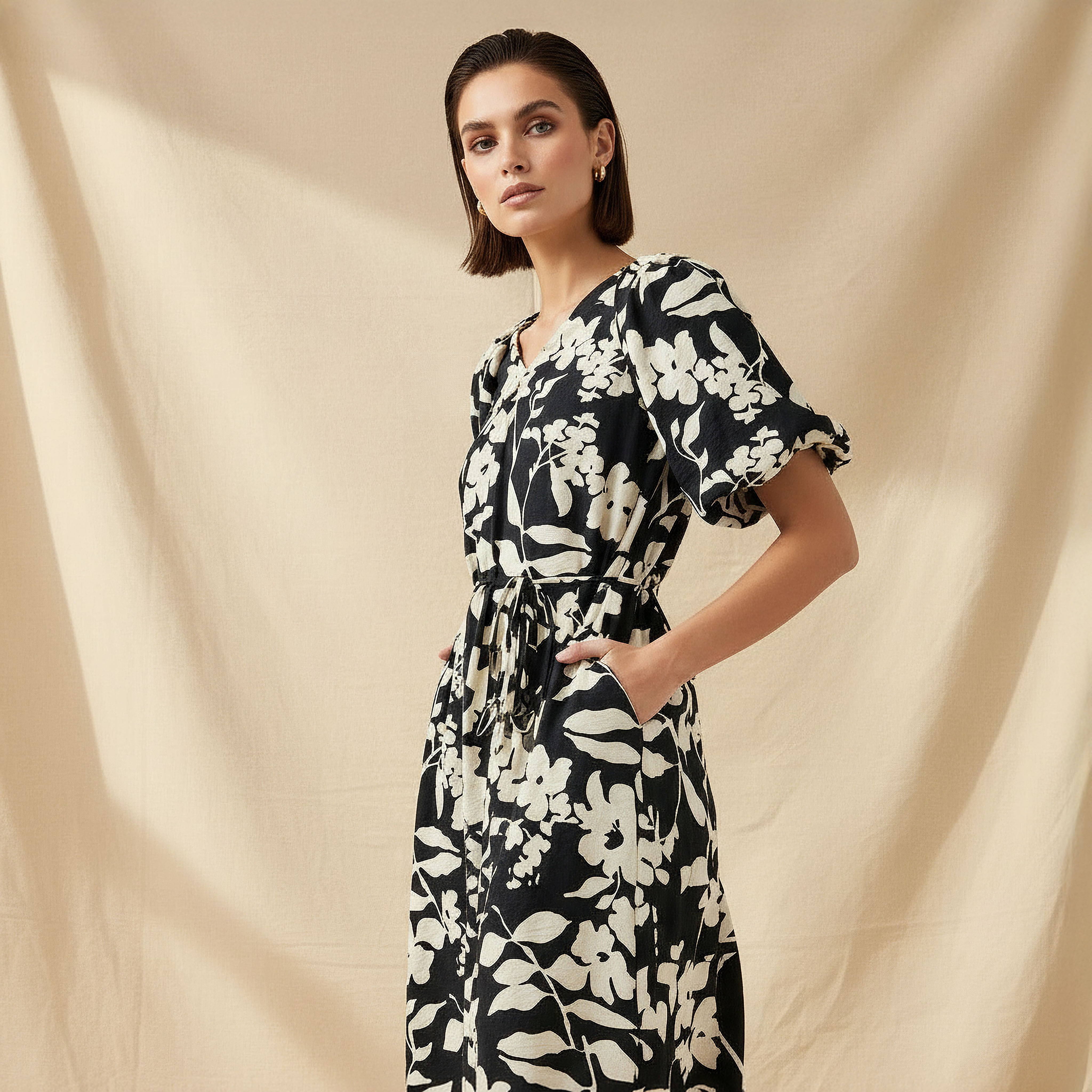 Midi Floral Print Women Dress with Balloon Sleeves-women-clothing-dresses-image-2
