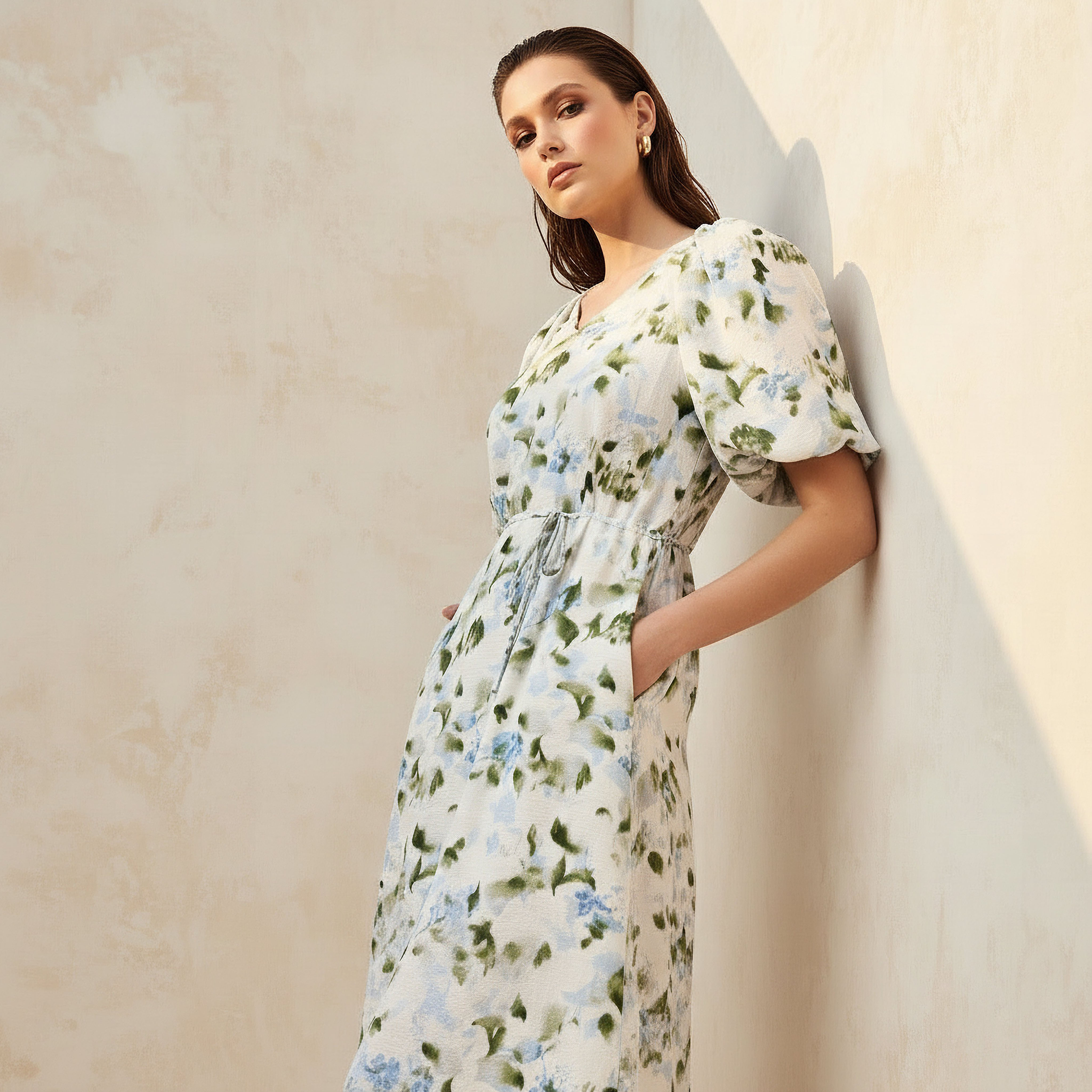 Midi Floral Print Women Dress with Balloon Sleeves-women-clothing-dresses-image-2