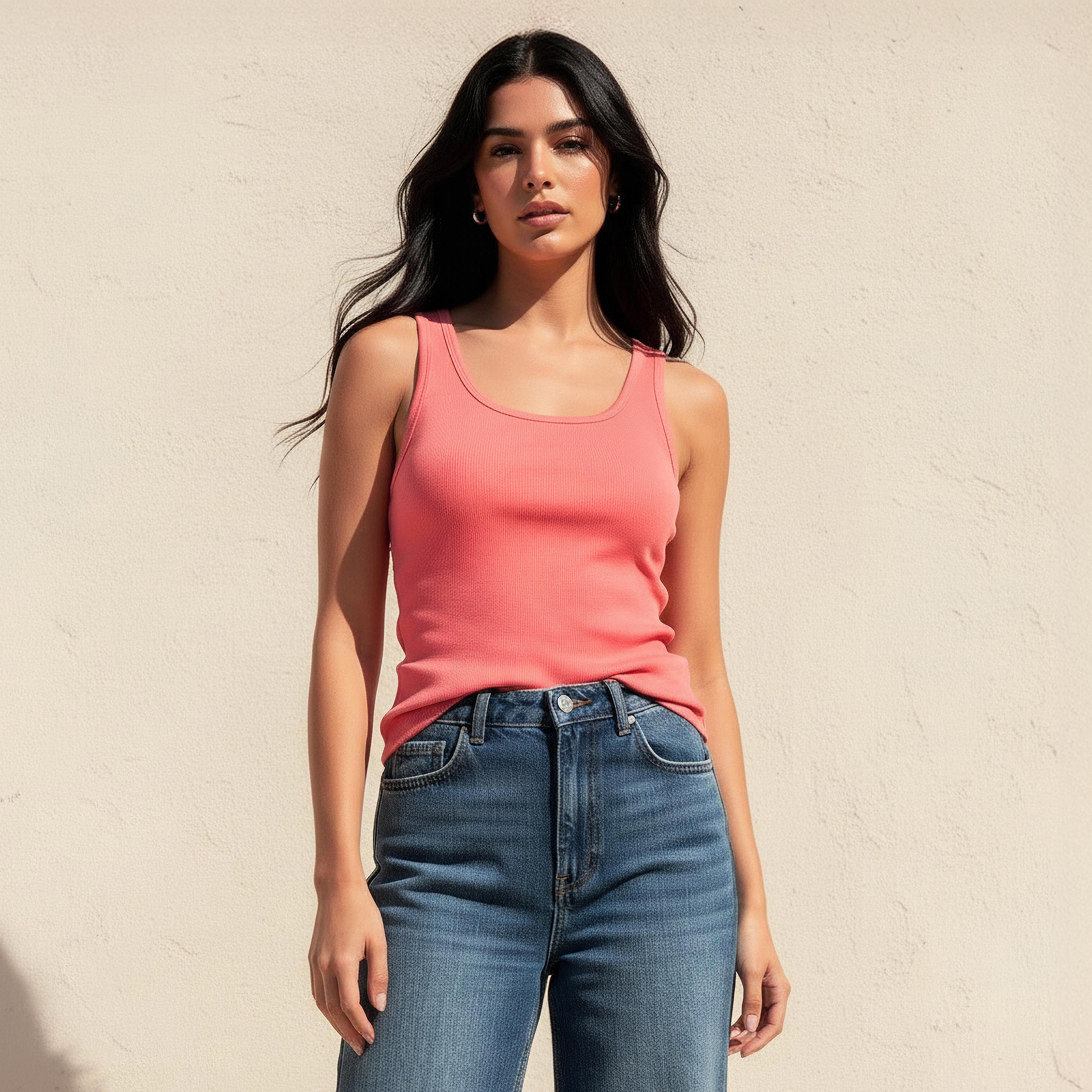بلوزة تانك بارزة الملمس مضلعة بقصّة سليم-women-clothing-tshirts-image-1