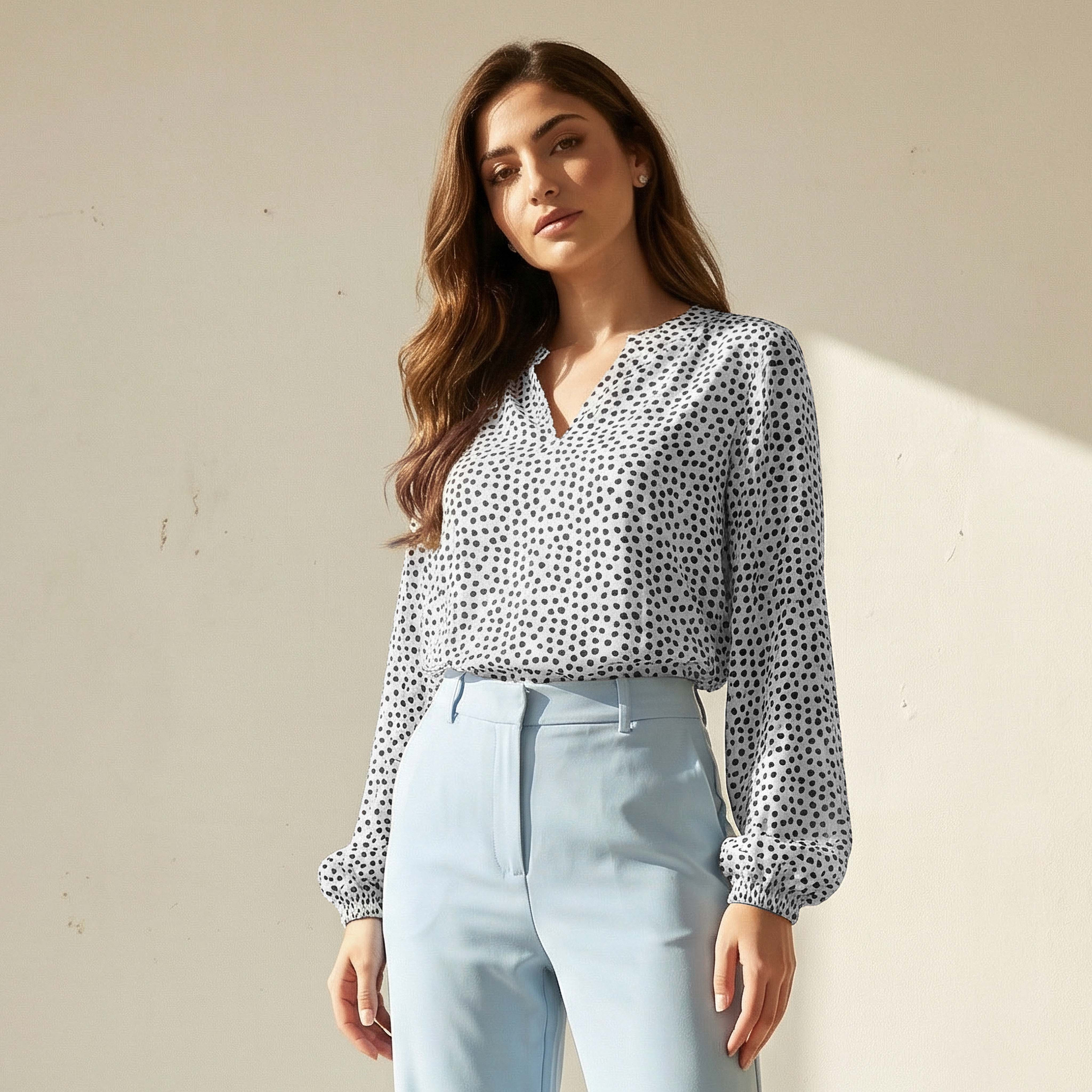 Mandarin Neck Top with Polka Dot Print-women-clothing-shirtsandblouses-blouses-image-1
