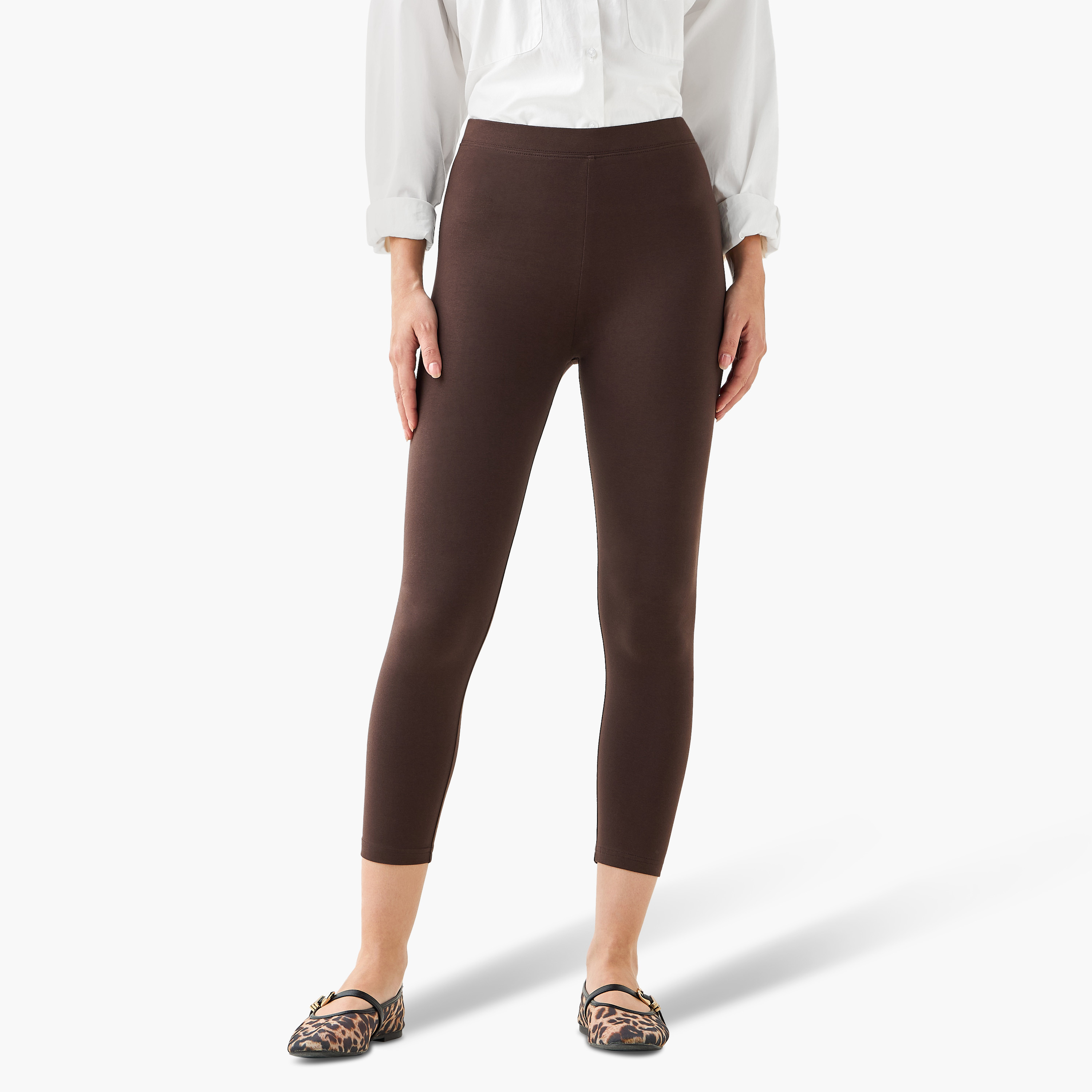 High-Rise 3/4 Length Leggings with Elasticated Waistband-women-clothing-bottoms-leggings-image-2