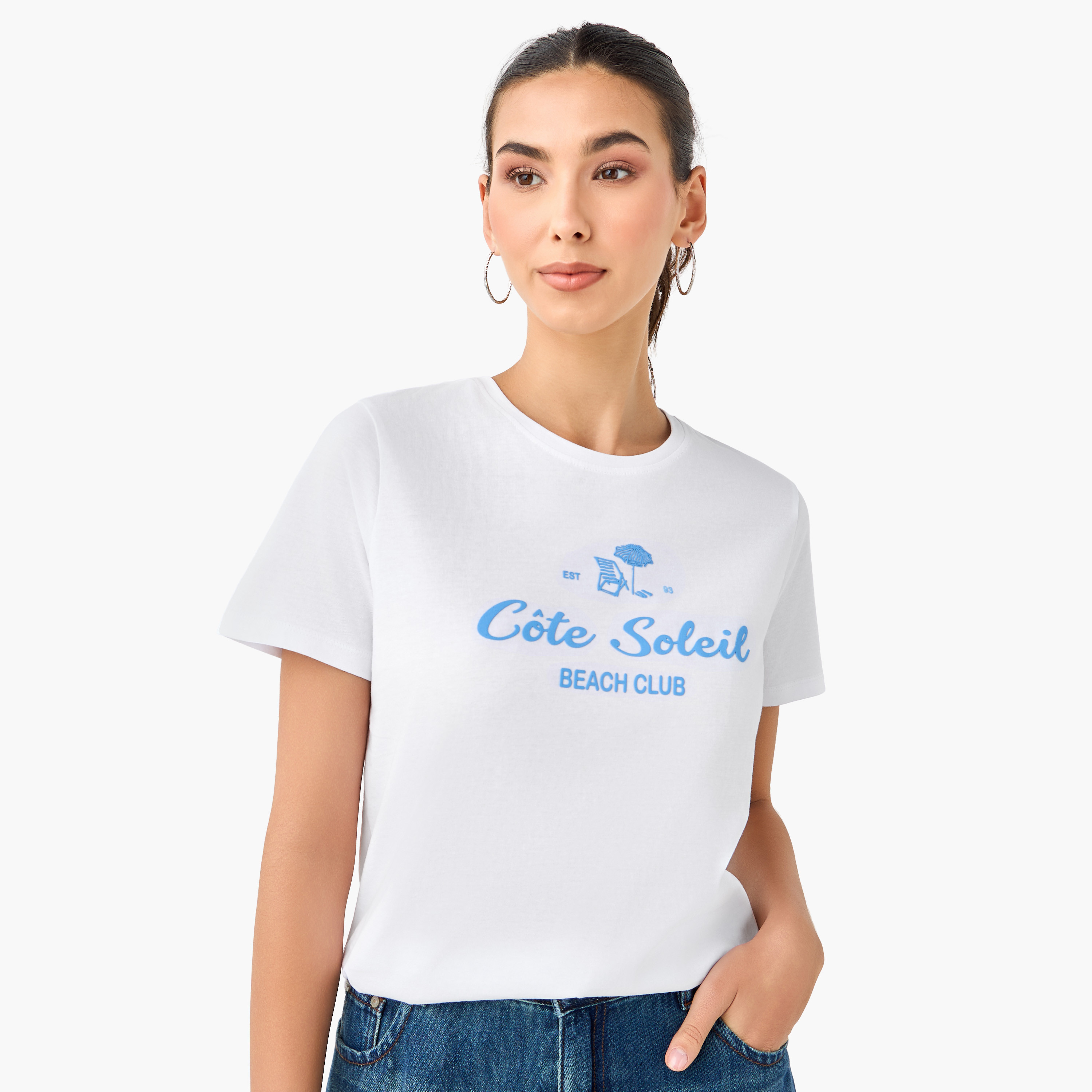 Regular Fit Cotton T-shirt with Typographic Print-women-clothing-tshirts-image-2