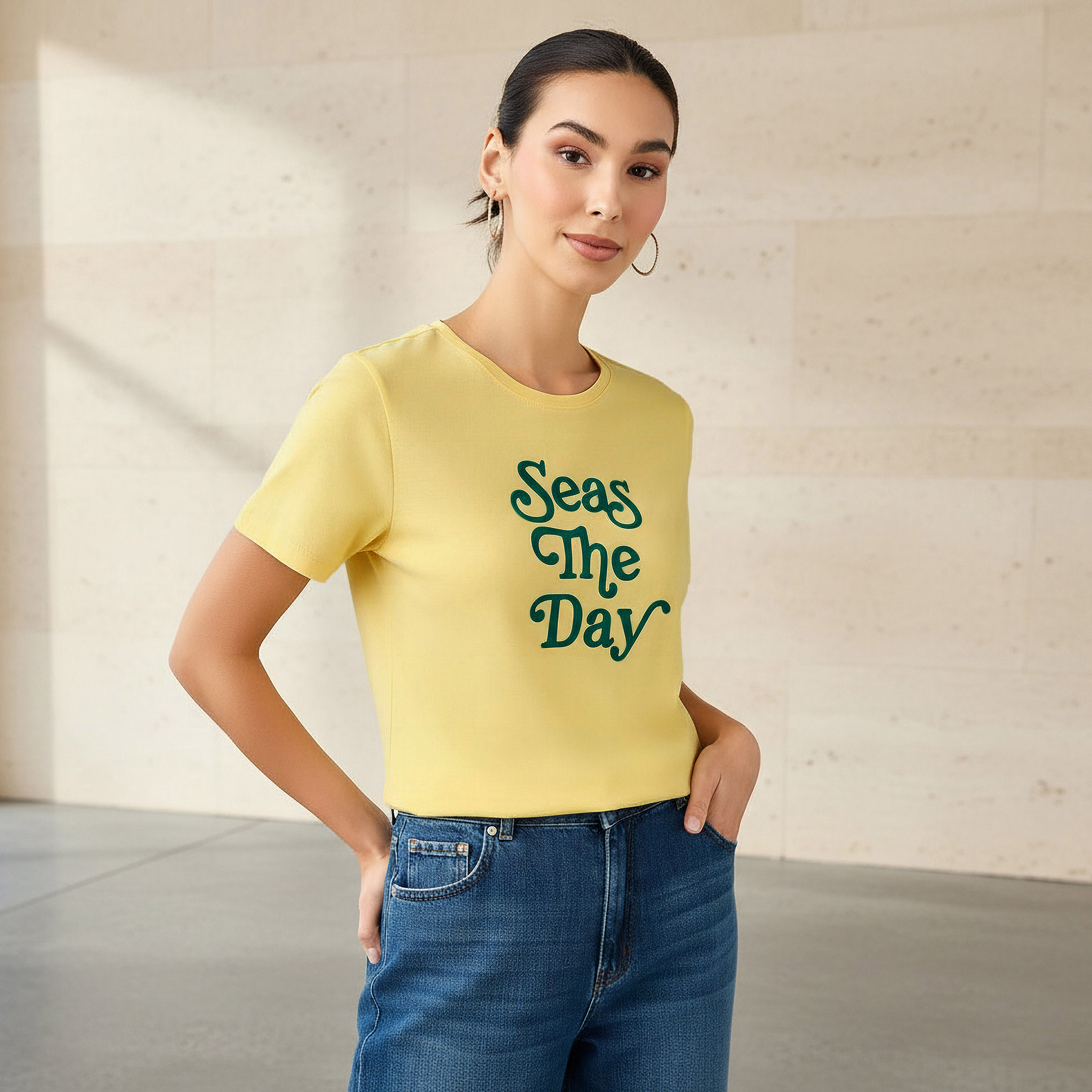Slim Fit Cotton T-shirt with Slogan Print-women-clothing-tshirts-image-1