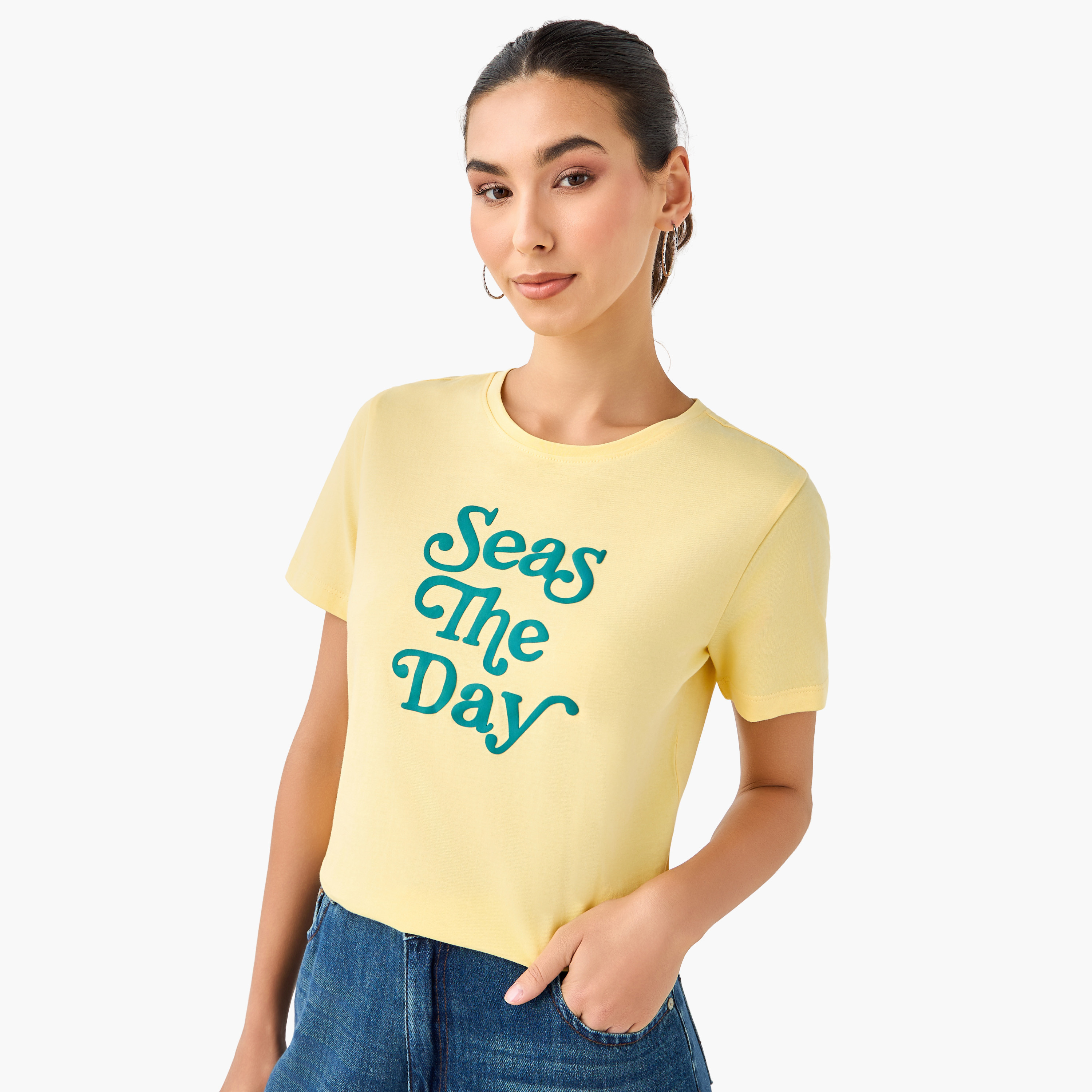 Slim Fit Cotton T-shirt with Slogan Print-women-clothing-tshirts-image-2