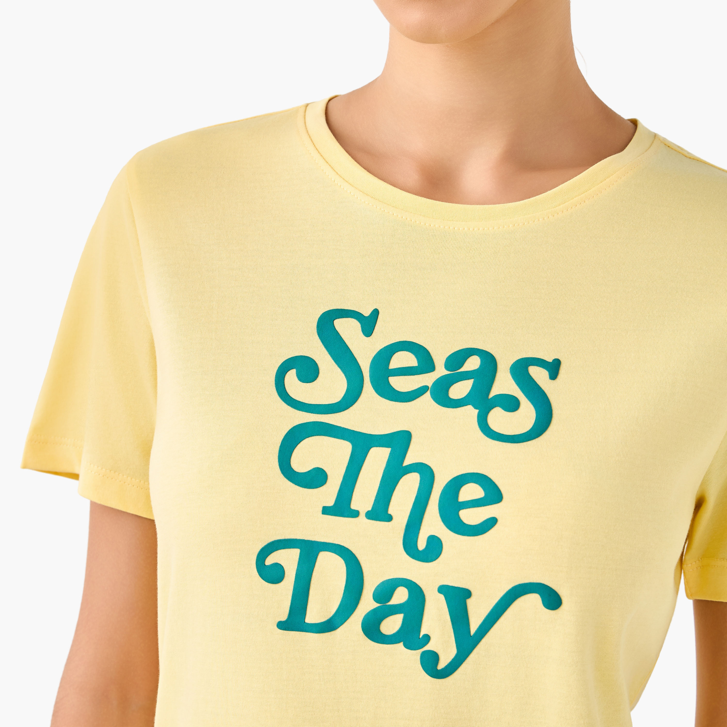 Slim Fit Cotton T-shirt with Slogan Print-women-clothing-tshirts-image-6