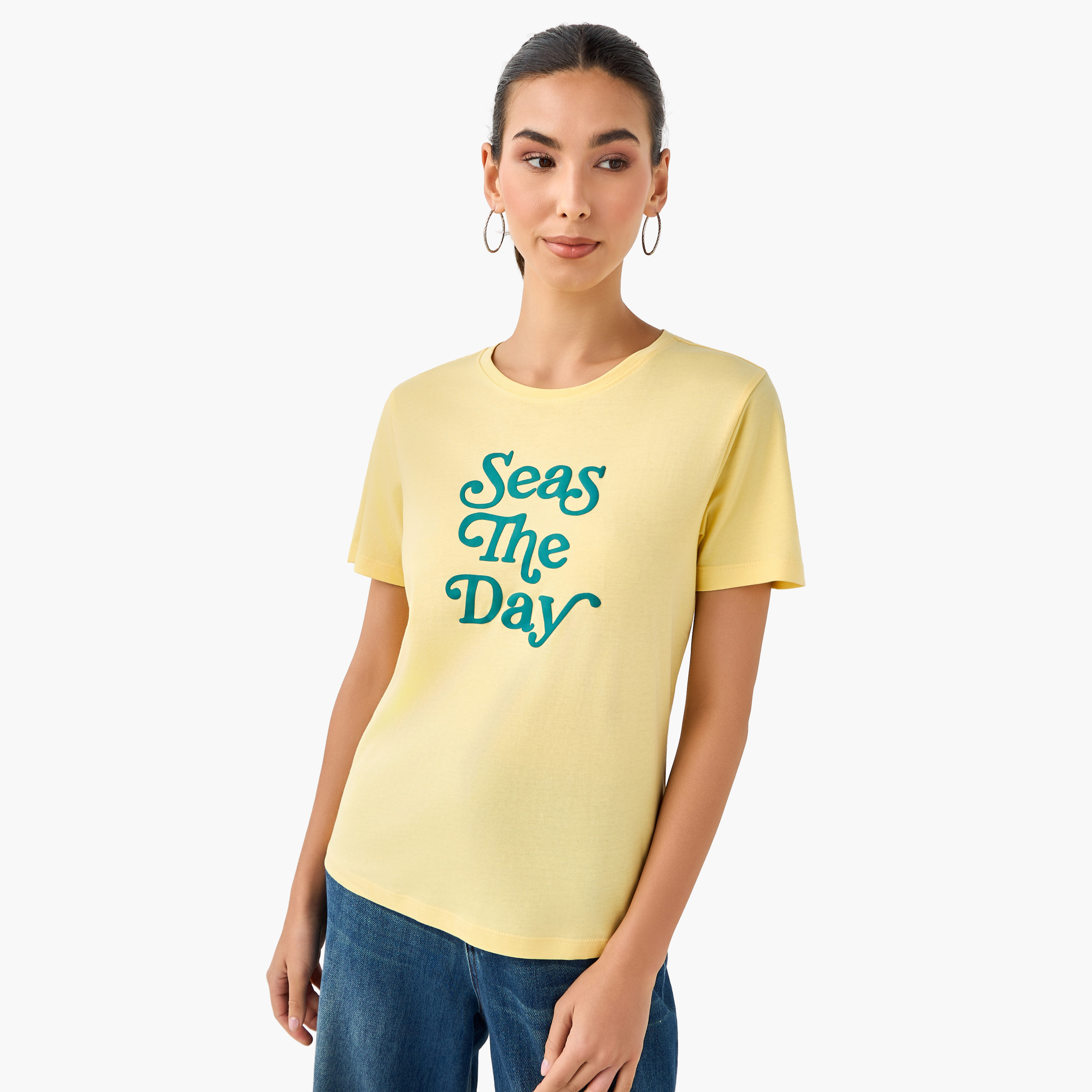 Slim Fit Cotton T-shirt with Slogan Print-women-clothing-tshirts-image-7