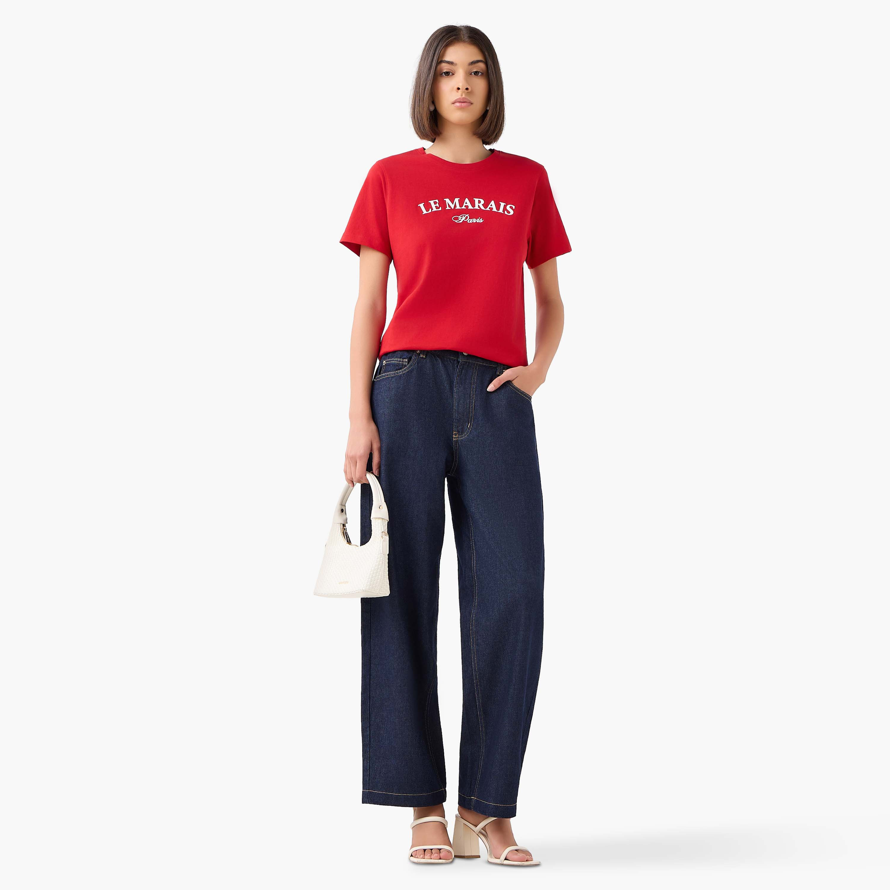 Regular Fit Cotton T-shirt with Typographic Print-women-clothing-tshirts-image-2
