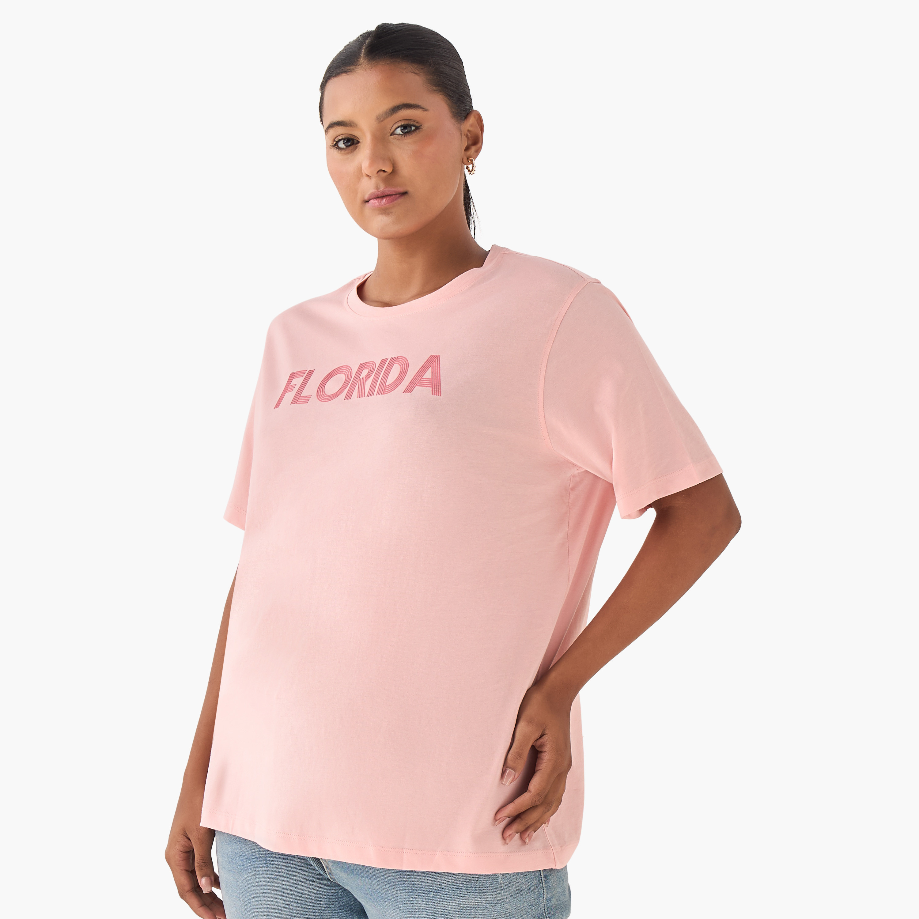 Regular Fit Cotton T-shirt with Typographic Print-women-clothing-tshirts-image-2