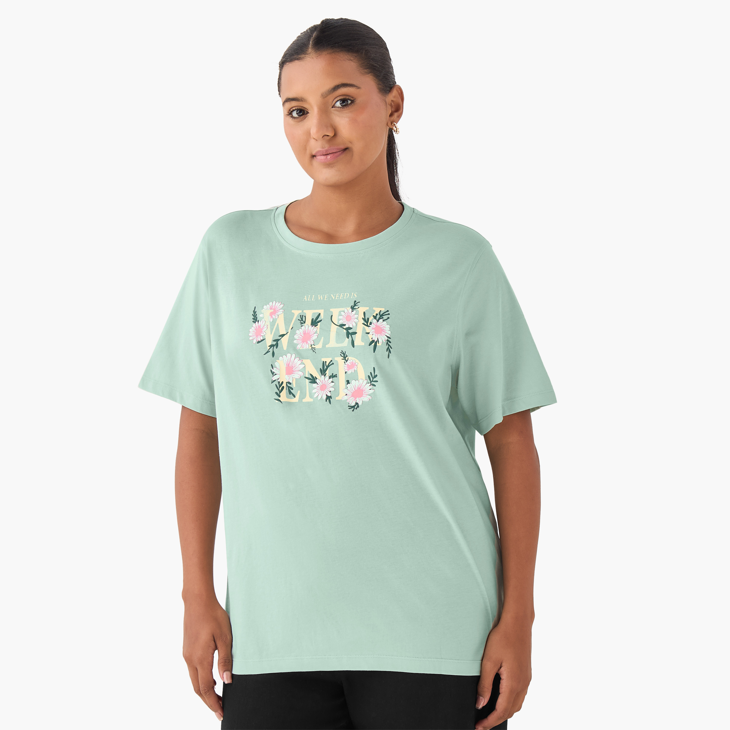 Regular Fit Cotton T-shirt with Slogan Print-women-clothing-tshirts-image-2