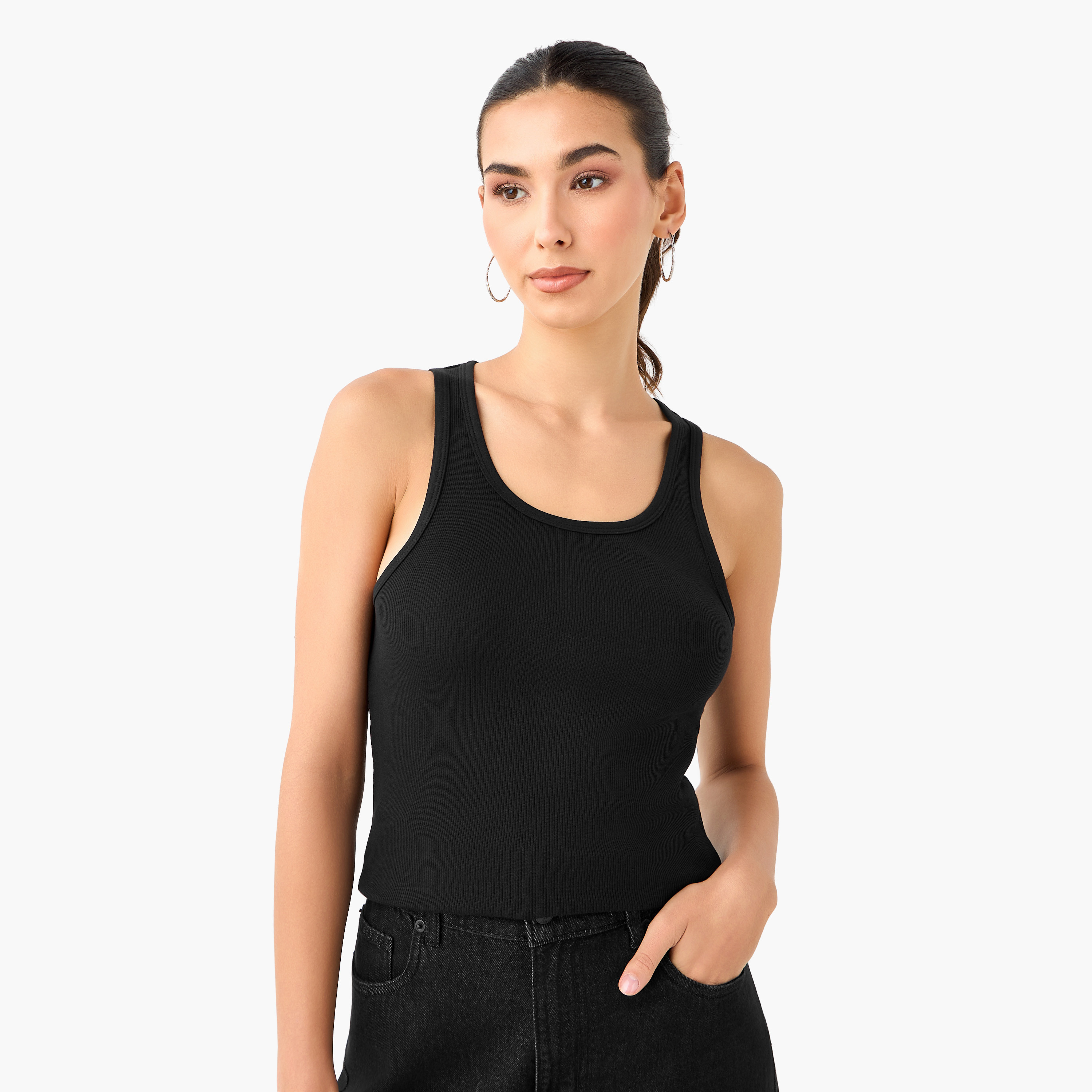 Slim Fit Tank Top with Ribbed Design and Scoop Neck-women-clothing-tshirts-image-1
