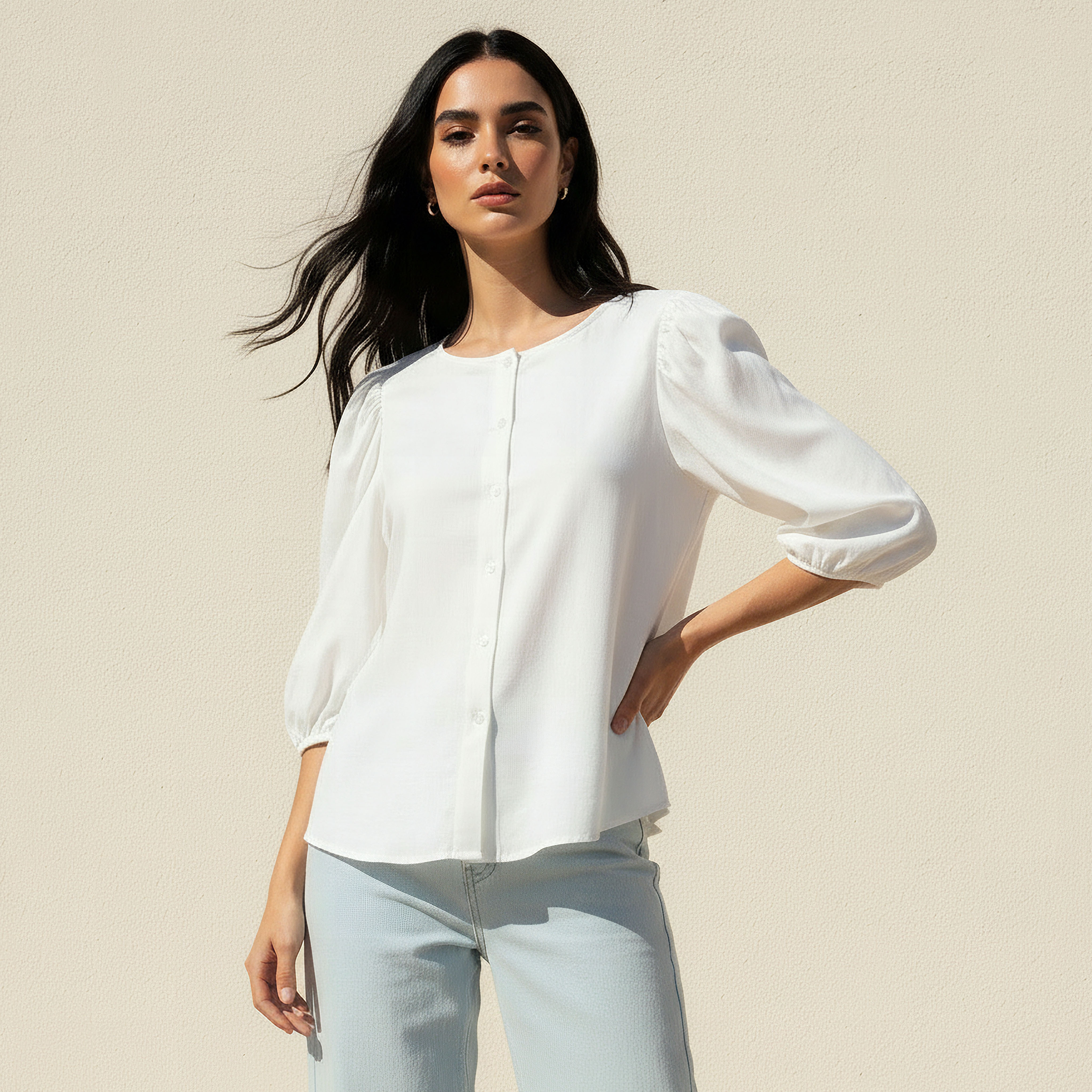 Linen Blend Shirt with Balloon Sleeves-women-clothing-shirtsandblouses-shirts-image-1