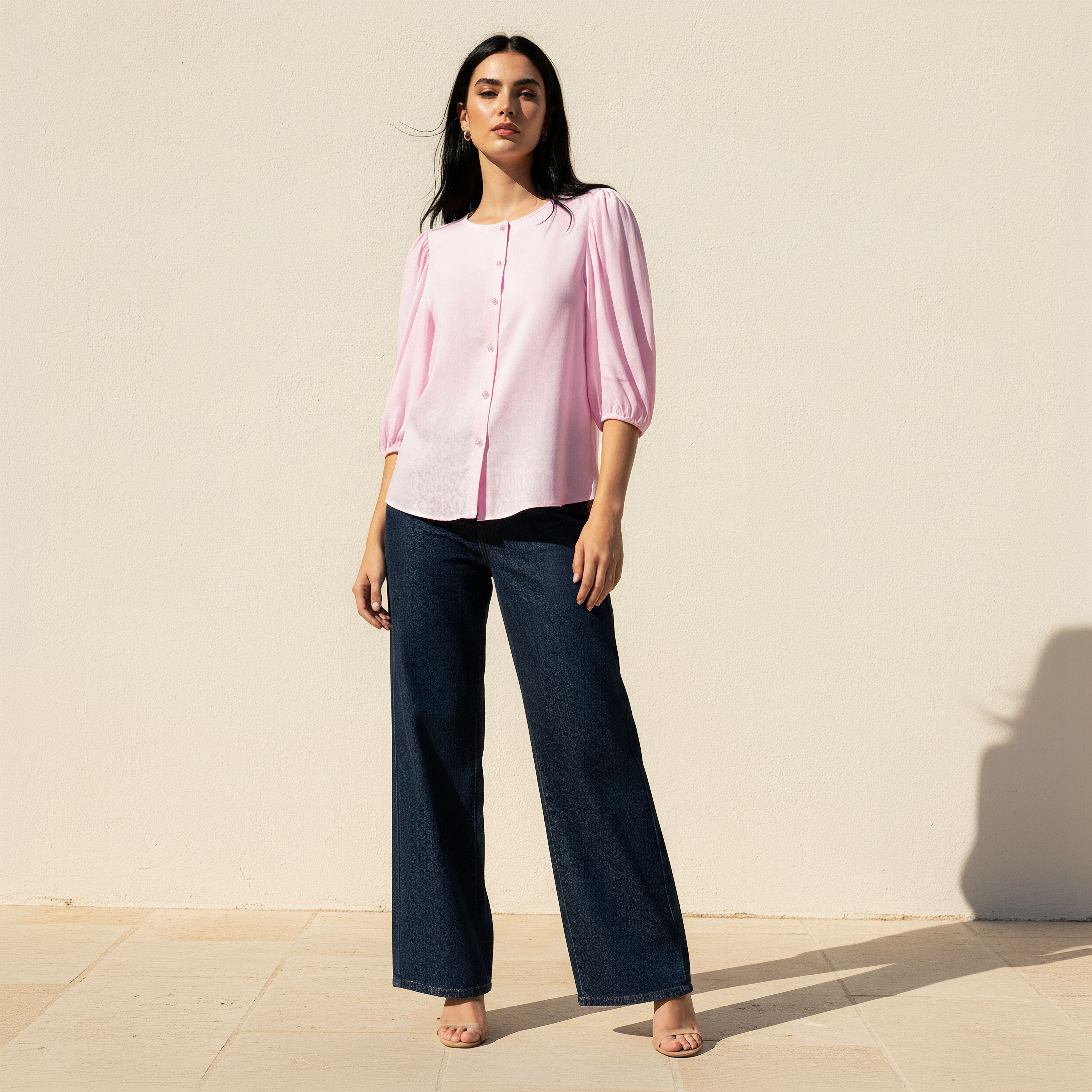 Linen Blend Shirt with Balloon Sleeves-women-clothing-shirtsandblouses-shirts-image-3