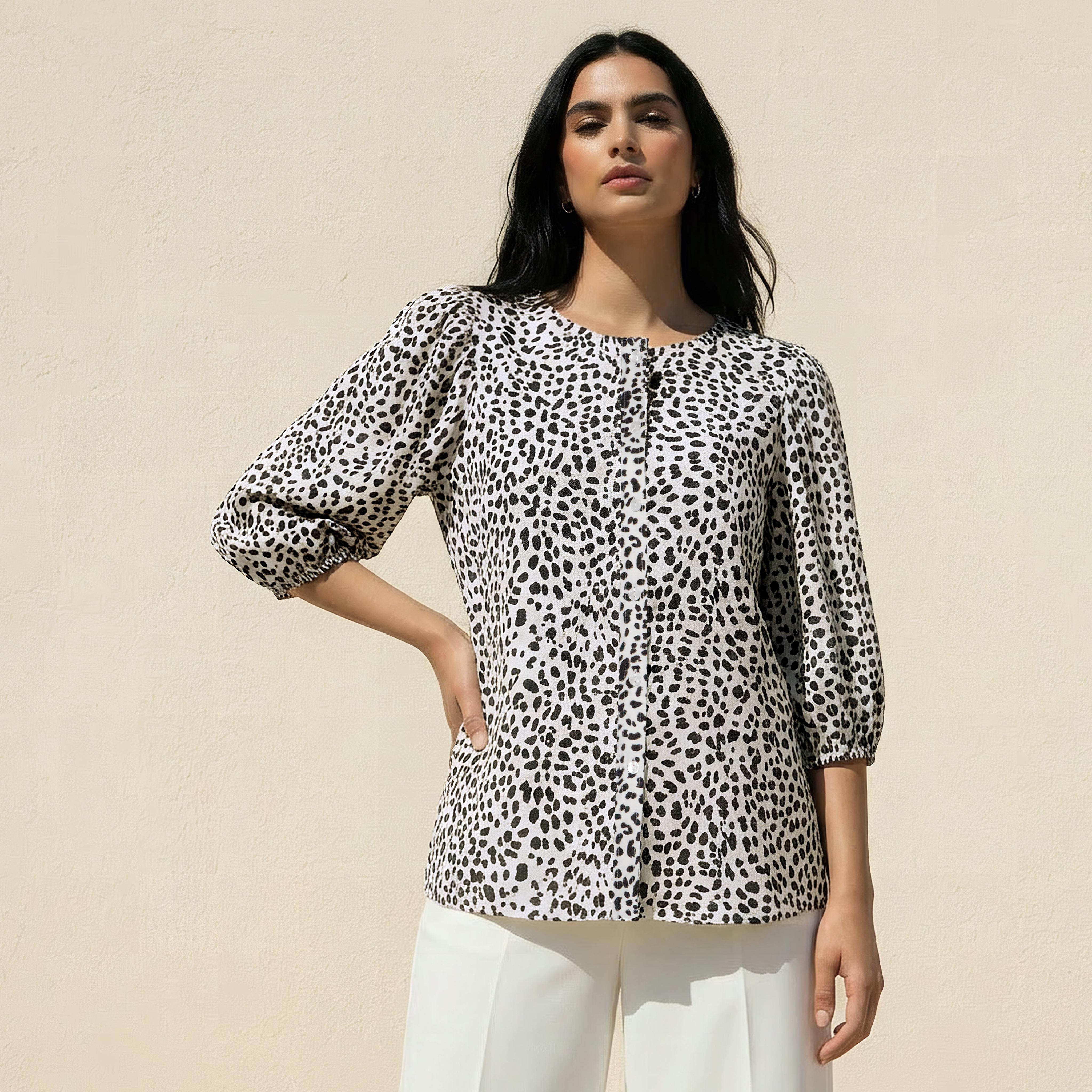 Linen Blend Animal Print Shirt with Balloon Sleeves-women-clothing-shirtsandblouses-shirts-image-1
