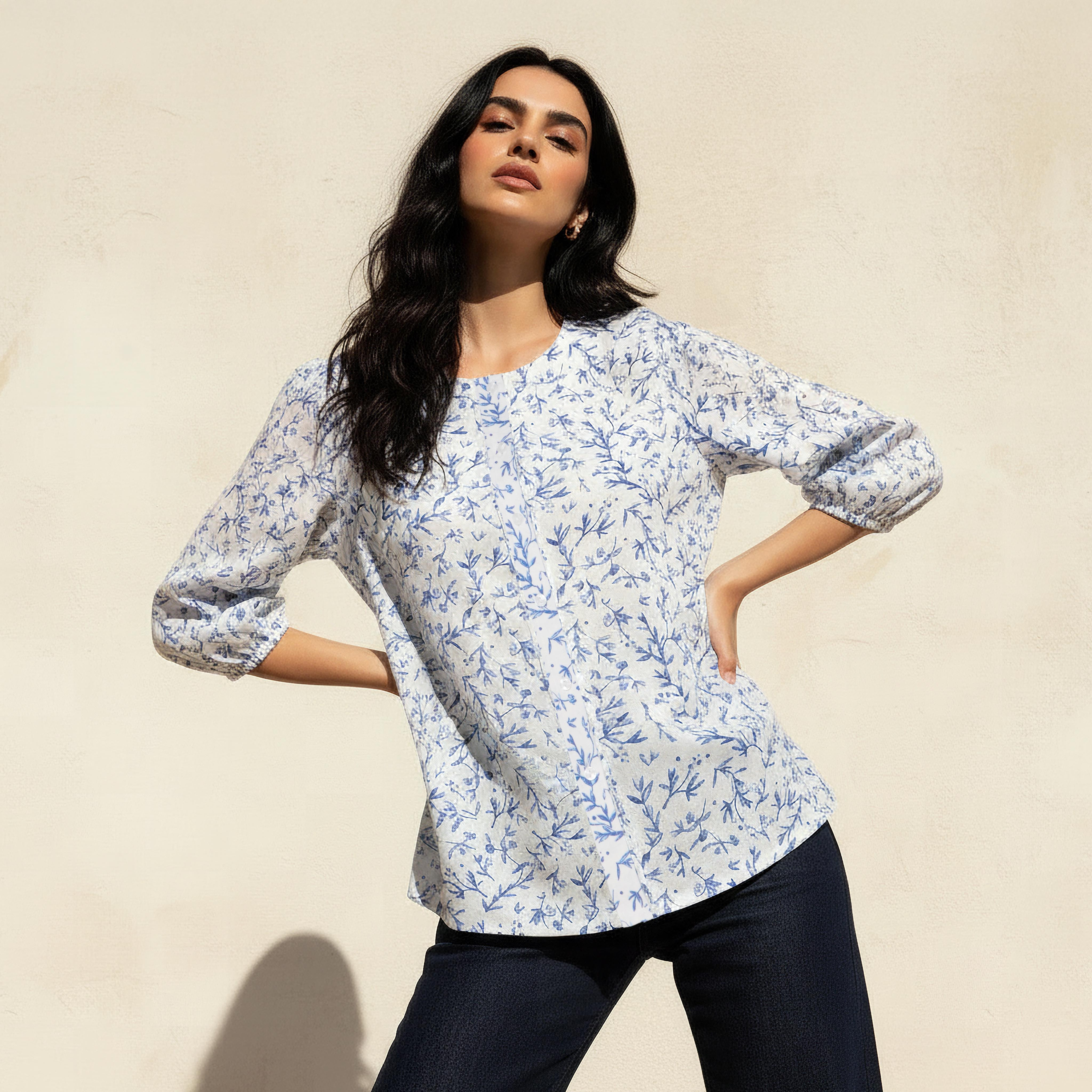 Linen Blend Floral Print Shirt with Balloon Sleeves-women-clothing-shirtsandblouses-shirts-image-1