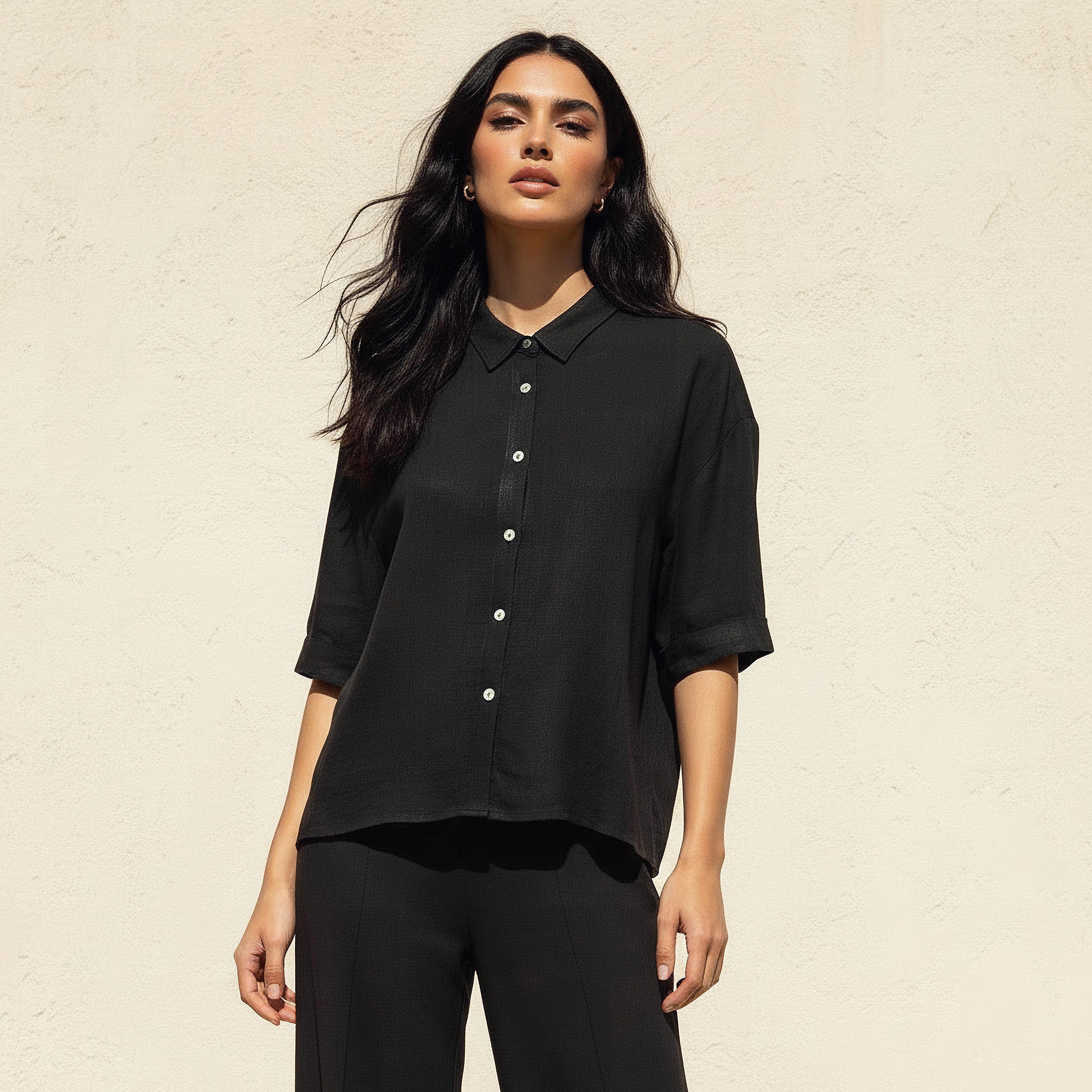 Linen Blend Shirt with Dropped Sleeves-women-clothing-shirtsandblouses-shirts-image-1