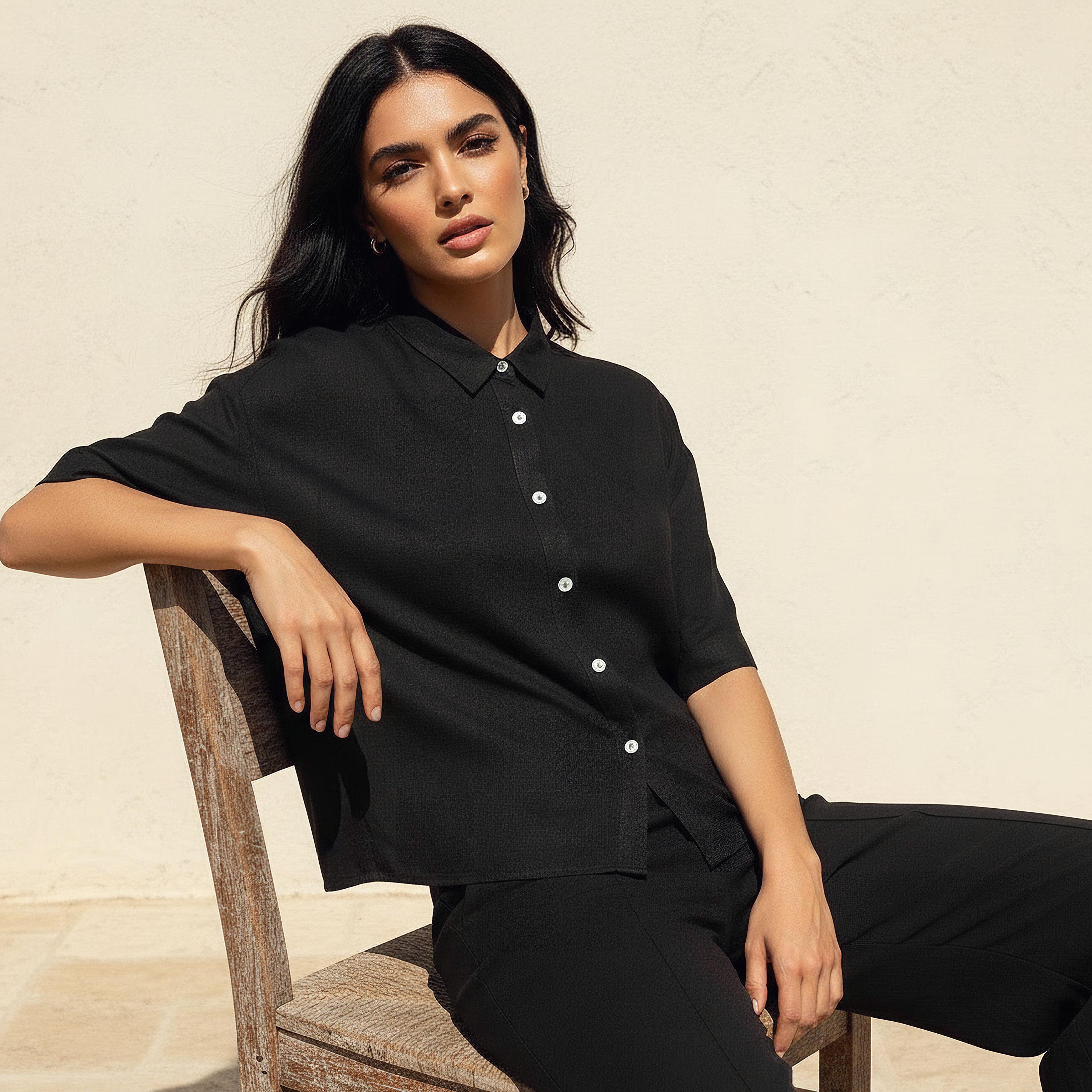Linen Blend Shirt with Dropped Sleeves-women-clothing-shirtsandblouses-shirts-image-5