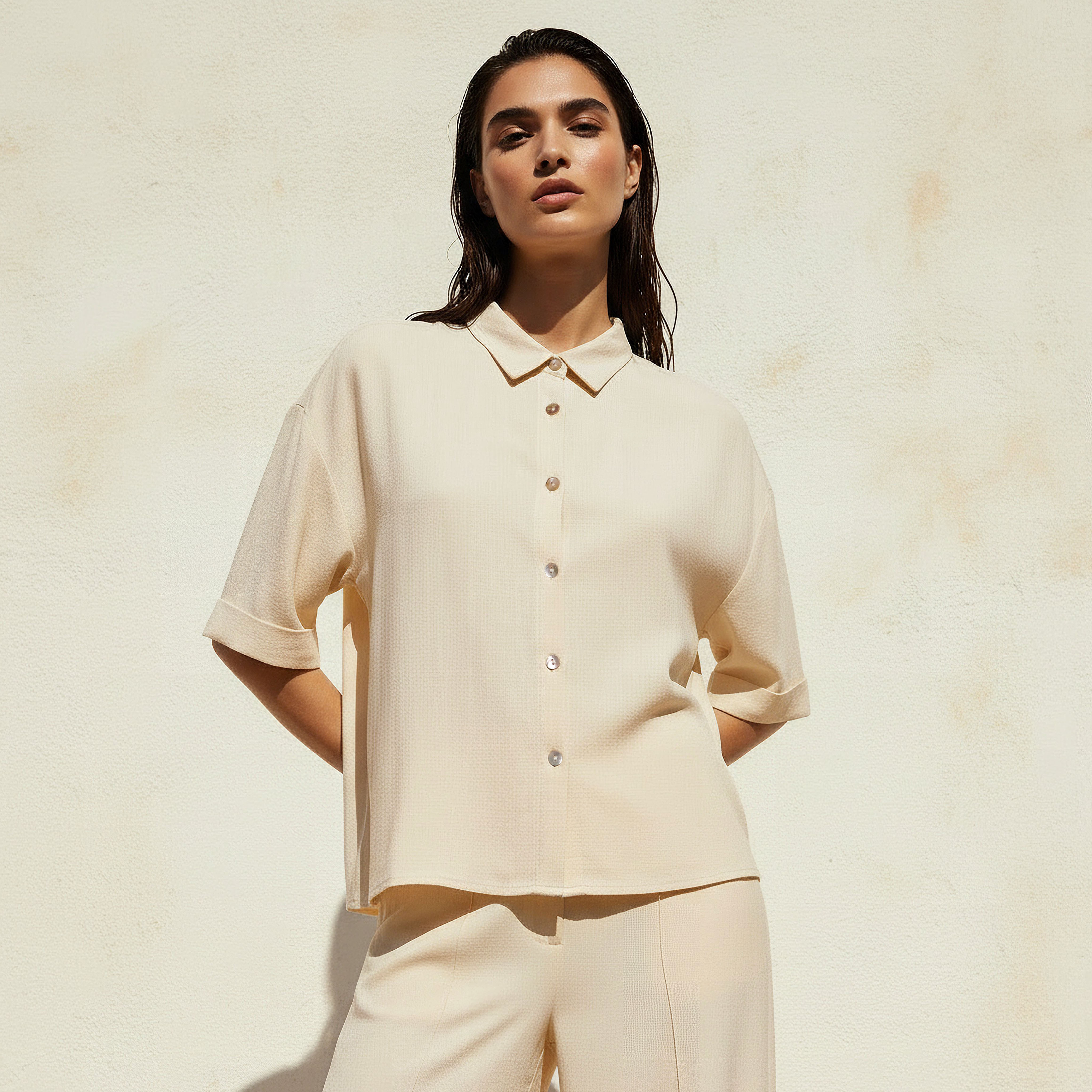 Linen Blend Shirt with Dropped Sleeves-women-clothing-shirtsandblouses-shirts-image-1