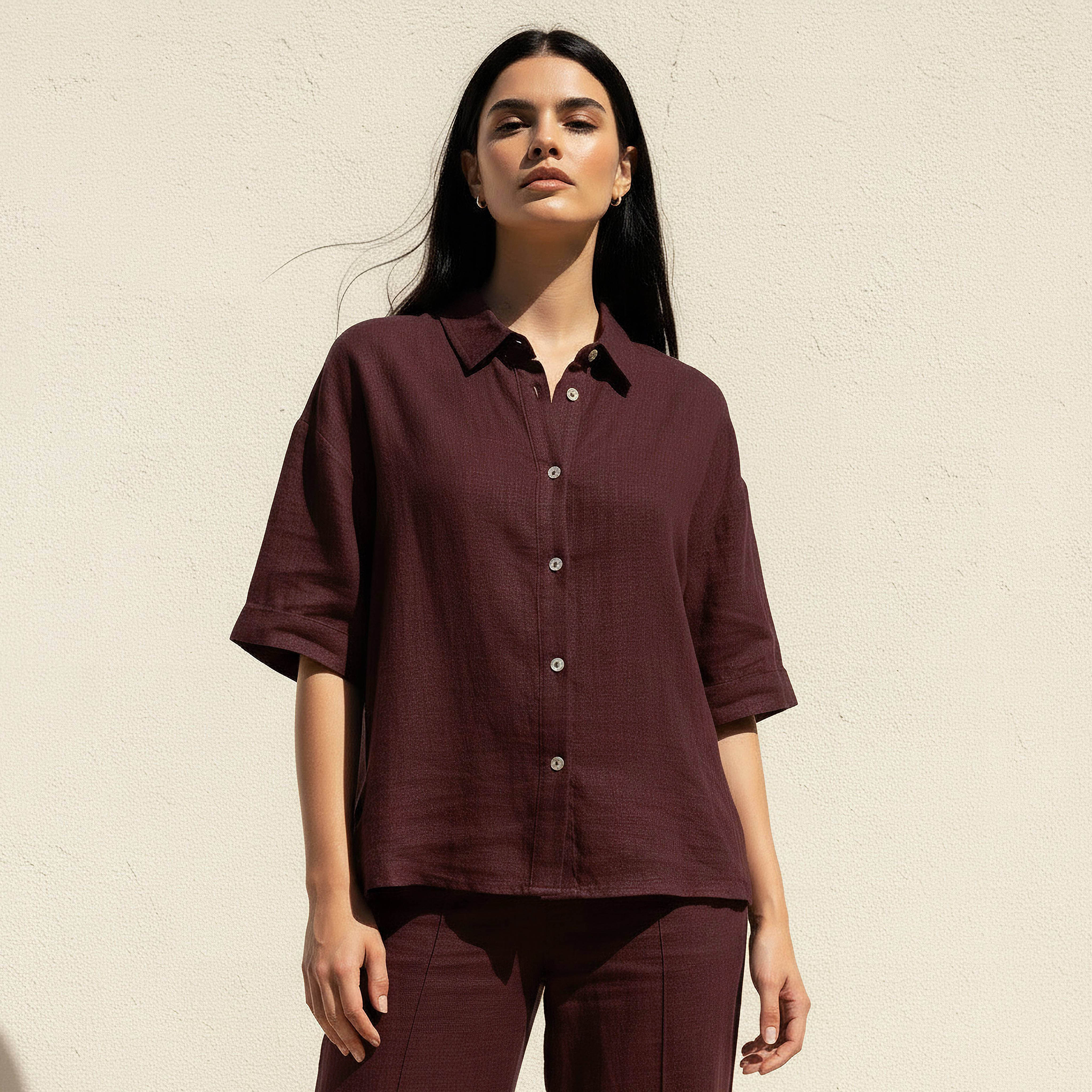 Linen Blend Shirt with Dropped Sleeves-women-clothing-shirtsandblouses-shirts-image-1