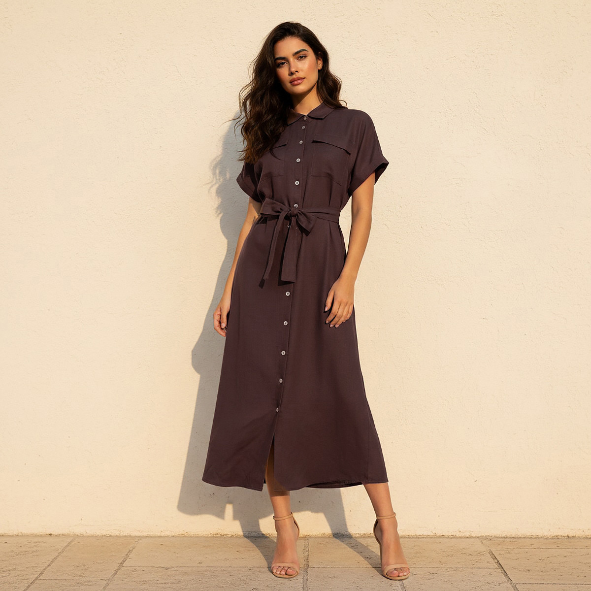 Midi Linen Blend Shirt Dress with Tie-Up Belt-women-clothing-dresses-image-1