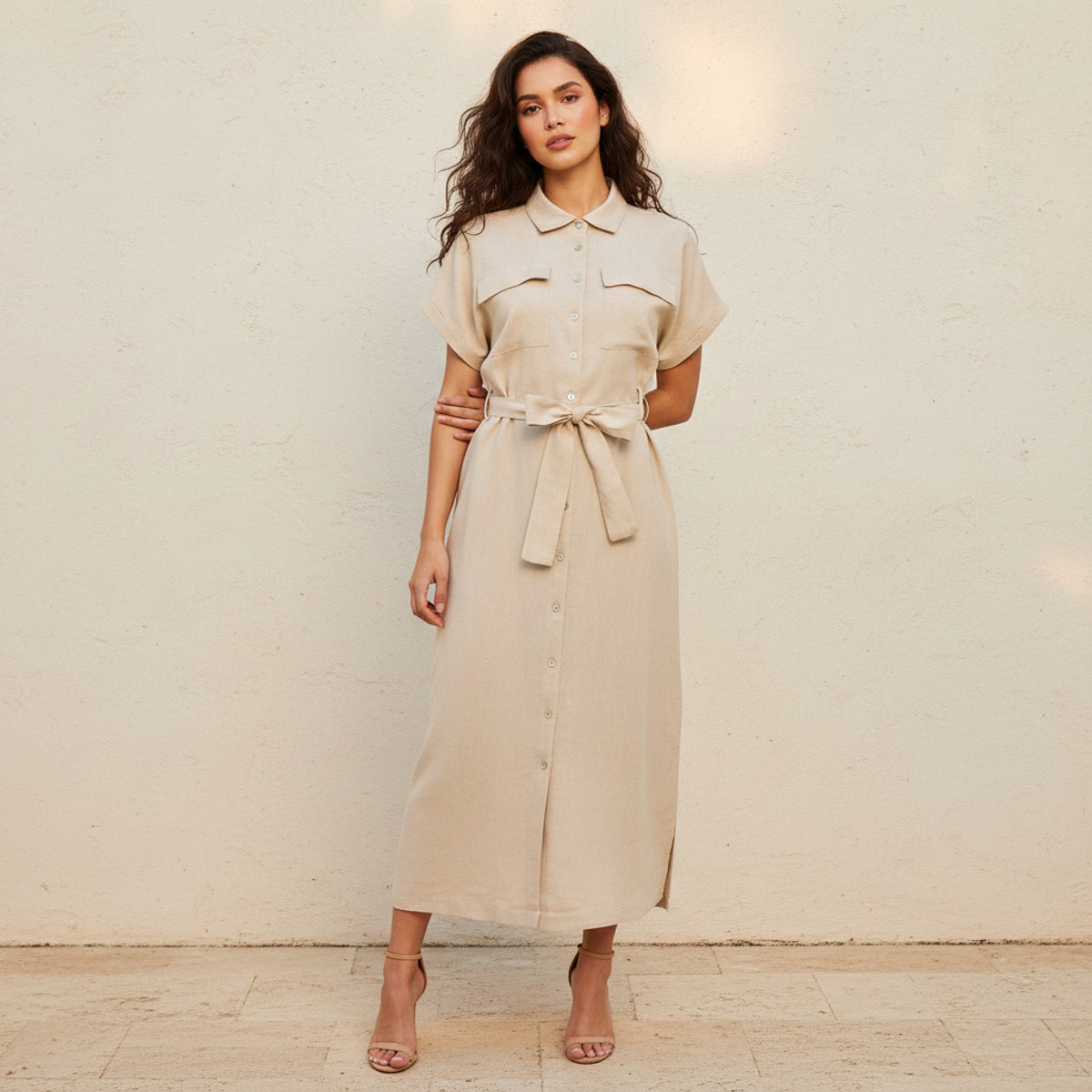 Midi Linen Blend Shirt Dress with Tie-Up Belt-women-clothing-dresses-image-1