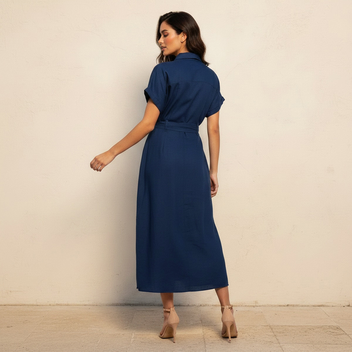 Midi Linen Blend Shirt Dress with Tie-Up Belt-women-clothing-dresses-image-3
