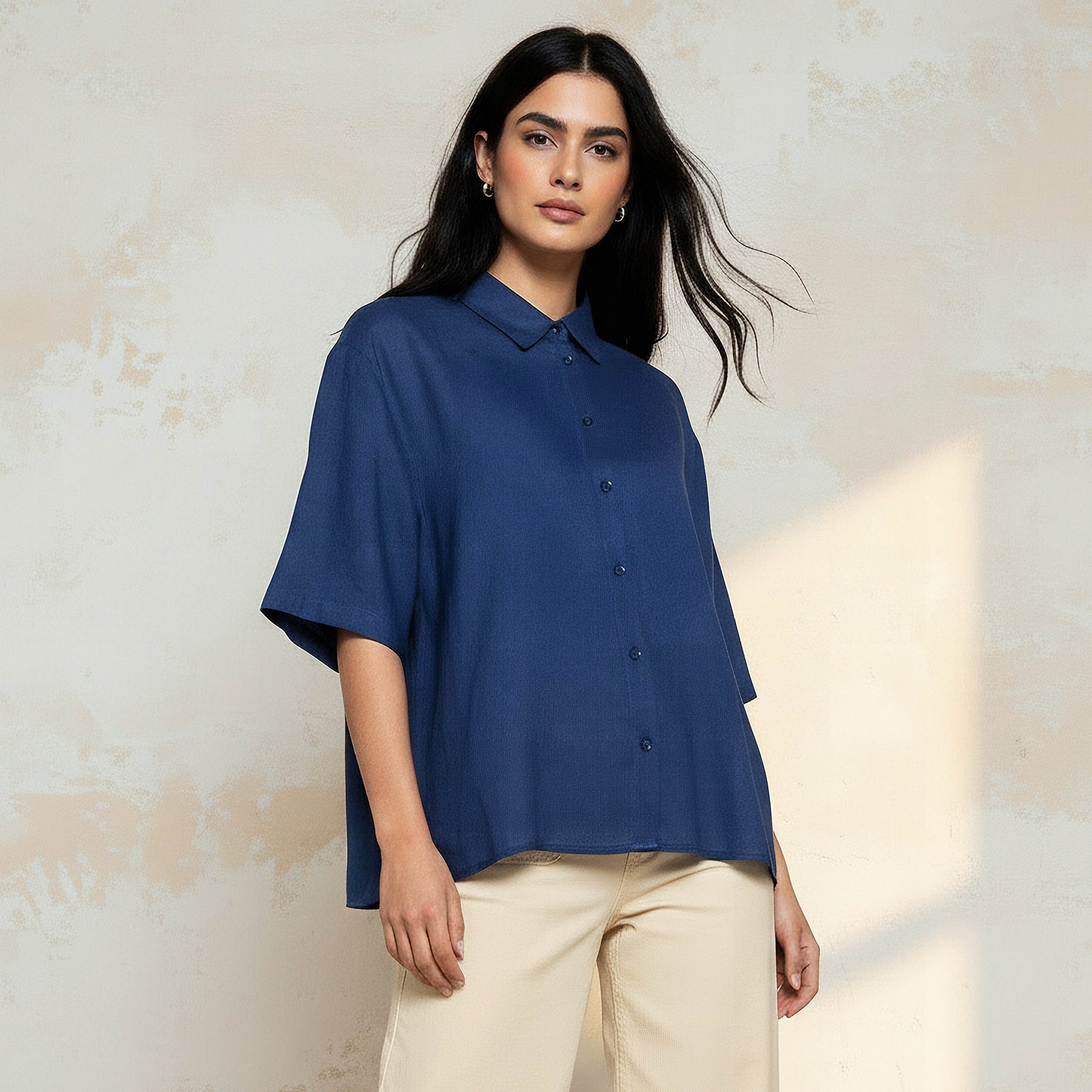 Linen Blend Shirt with Short Sleeves-women-clothing-shirtsandblouses-shirts-image-1