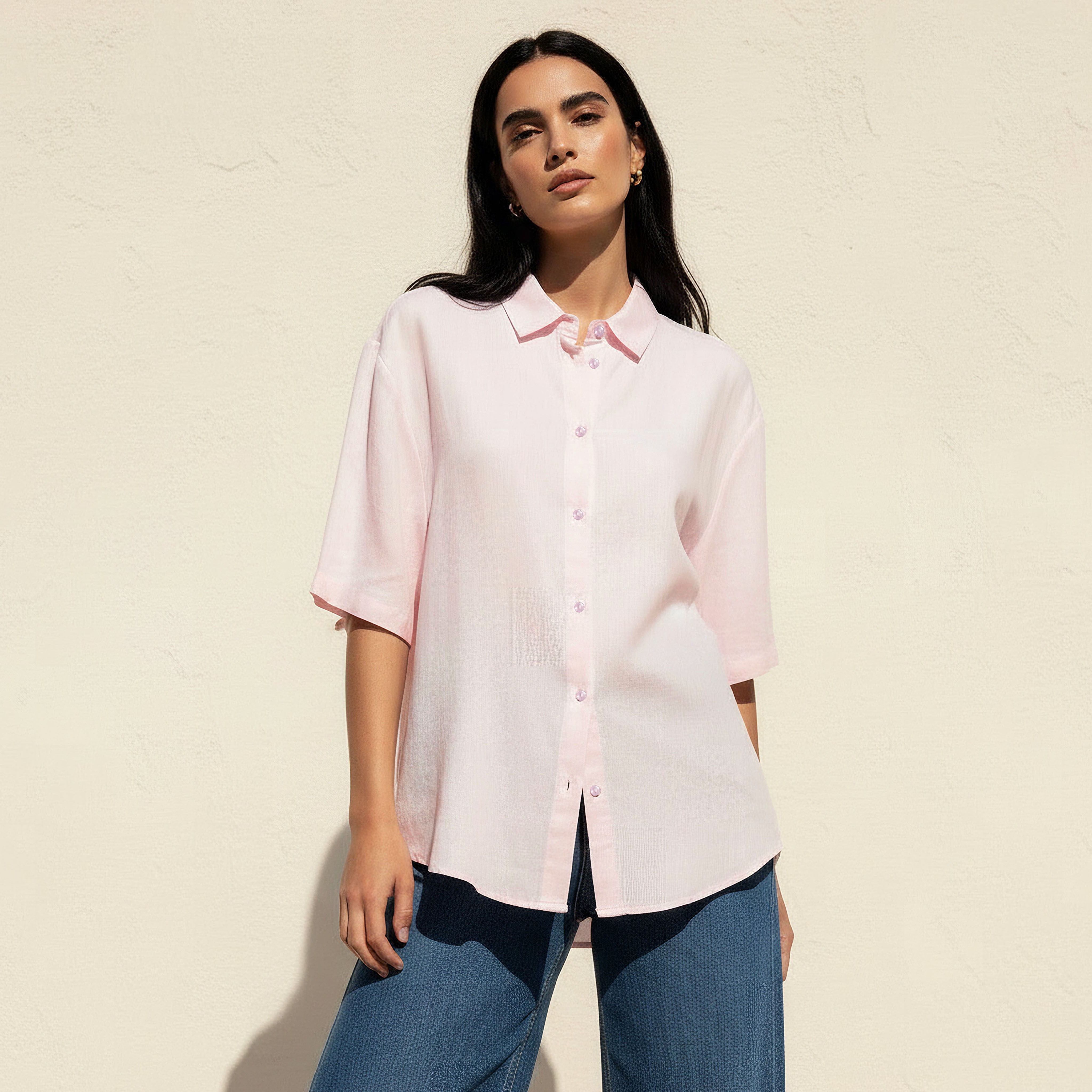 Linen Blend Shirt with Short Sleeves-women-clothing-shirtsandblouses-shirts-image-1