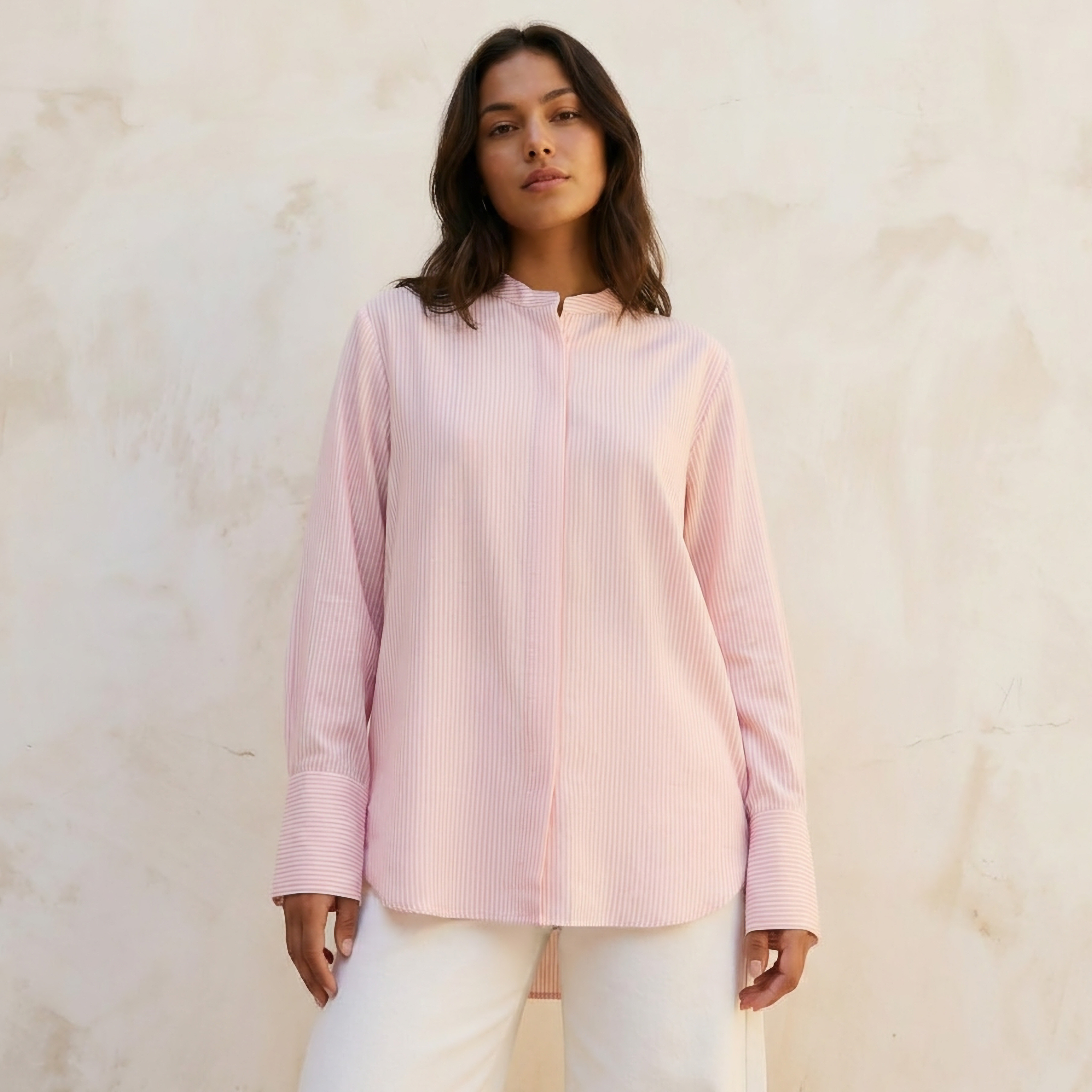 قميص مقلم بياقة ماندارين-women-clothing-shirtsandblouses-shirts-image-1