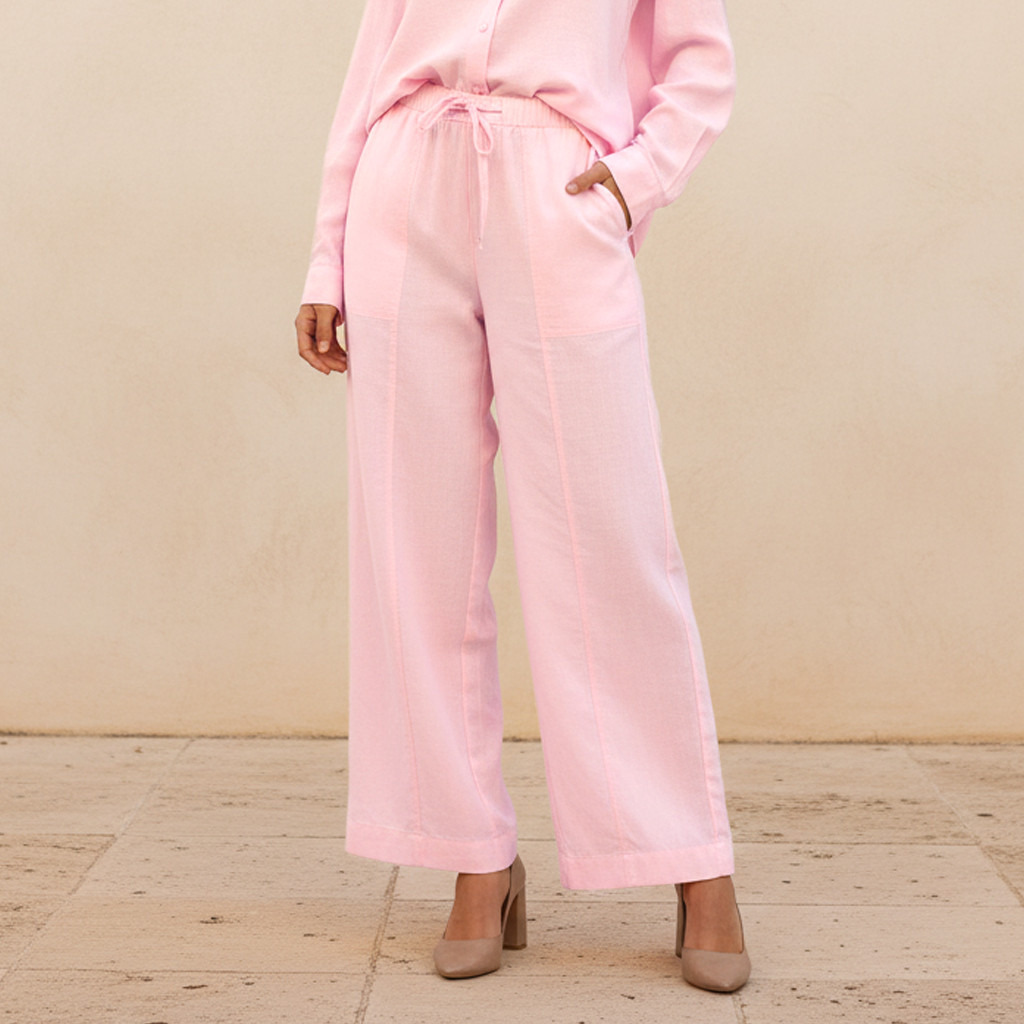Wide Leg Flexi Waist Cut and Sew Linen Blend Pants-women-clothing-coordsets-image-1