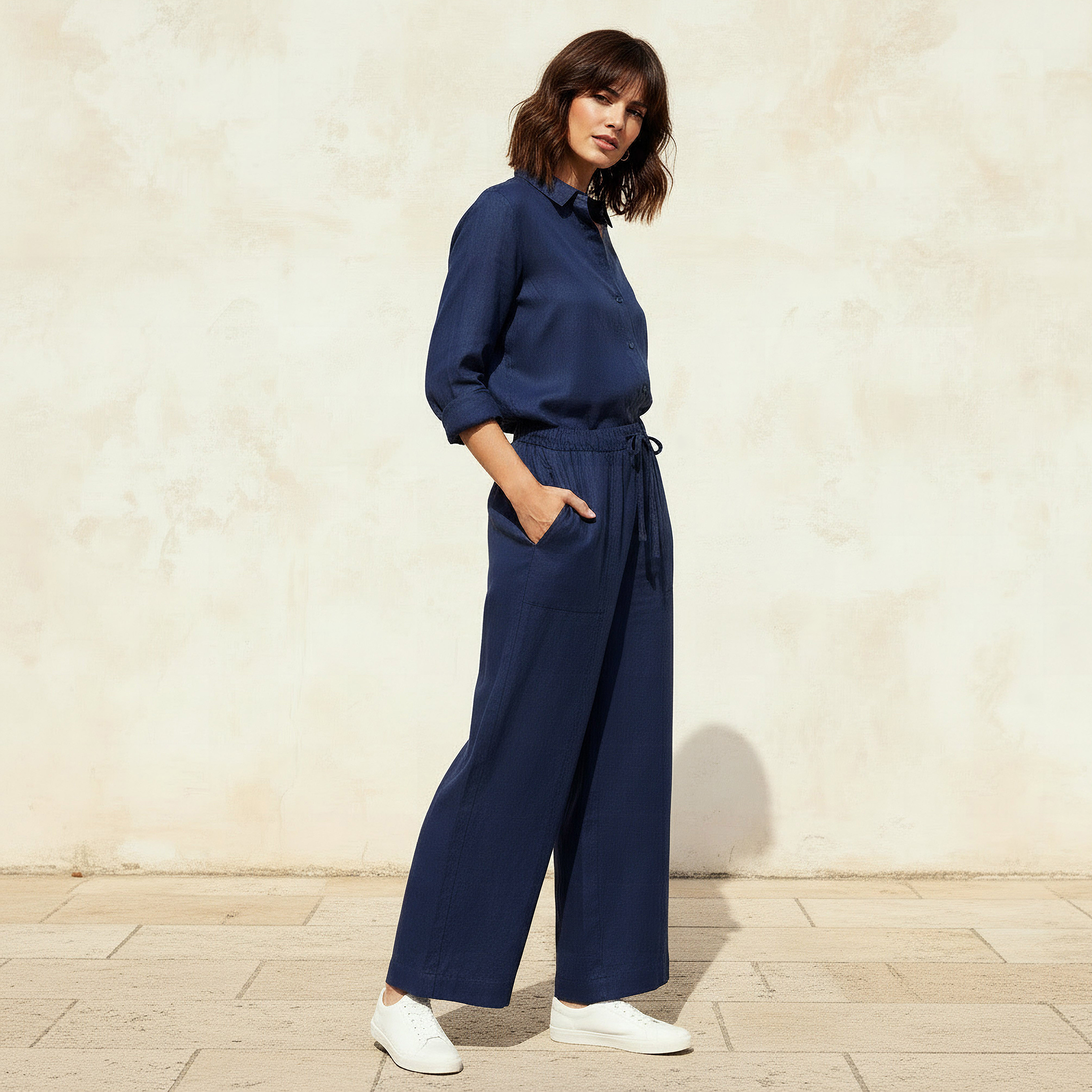 Wide Leg Flexi Waist Cut and Sew Linen Blend Pants-women-clothing-coordsets-image-3