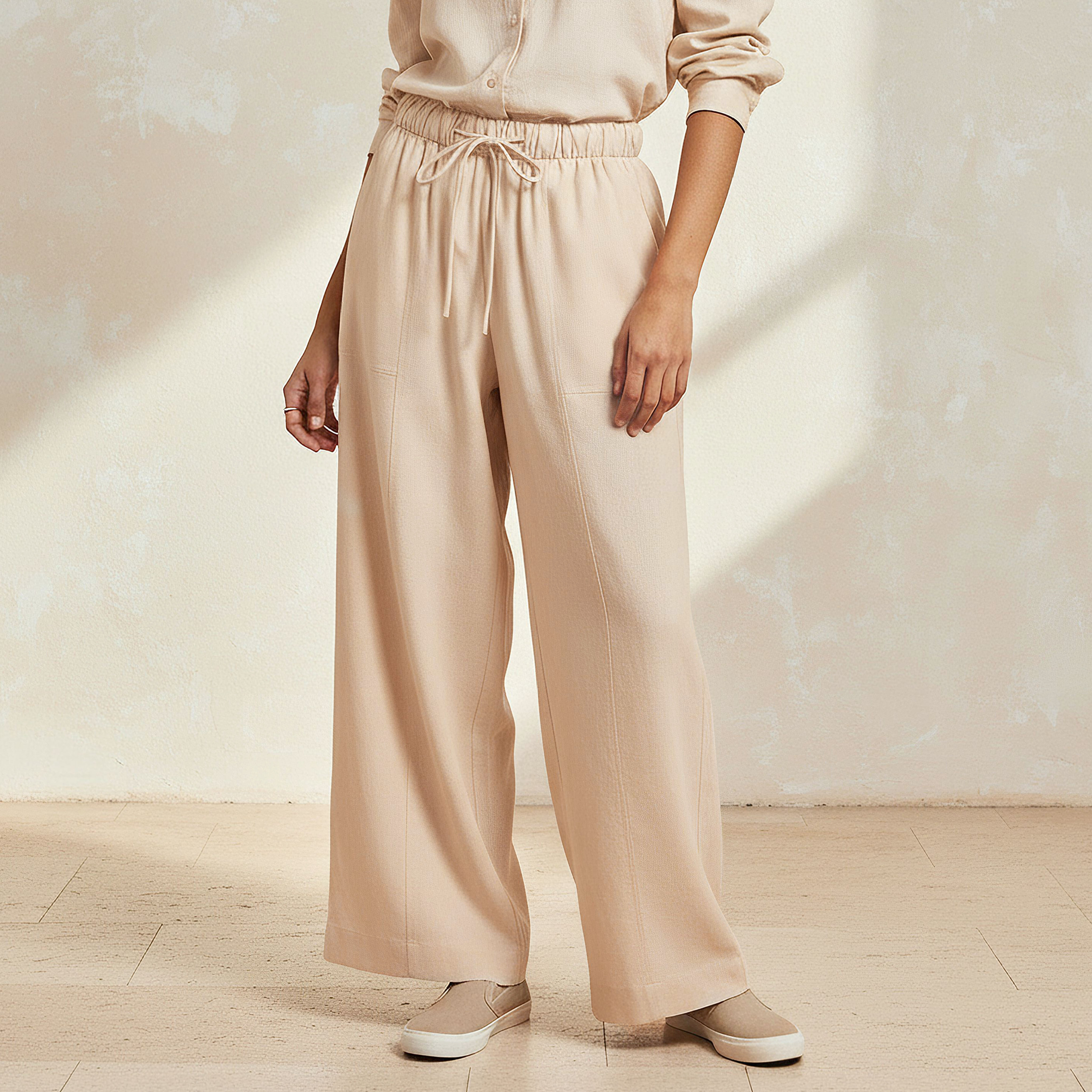 Wide Leg Flexi Waist Cut and Sew Linen Blend Pants-women-clothing-bottoms-trousers-image-1