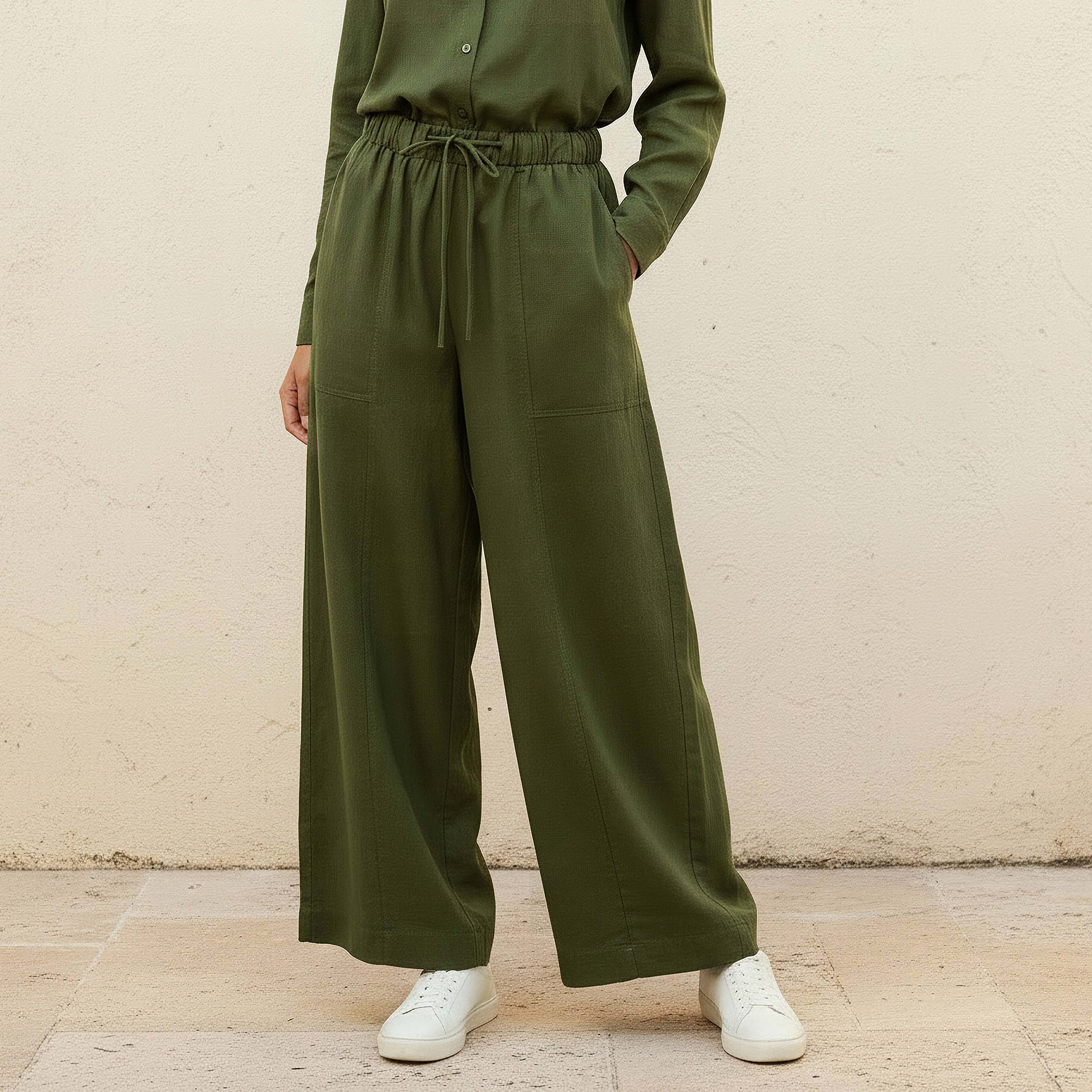 Wide Leg Flexi Waist Cut and Sew Linen Blend Pants-women-clothing-coordsets-image-1