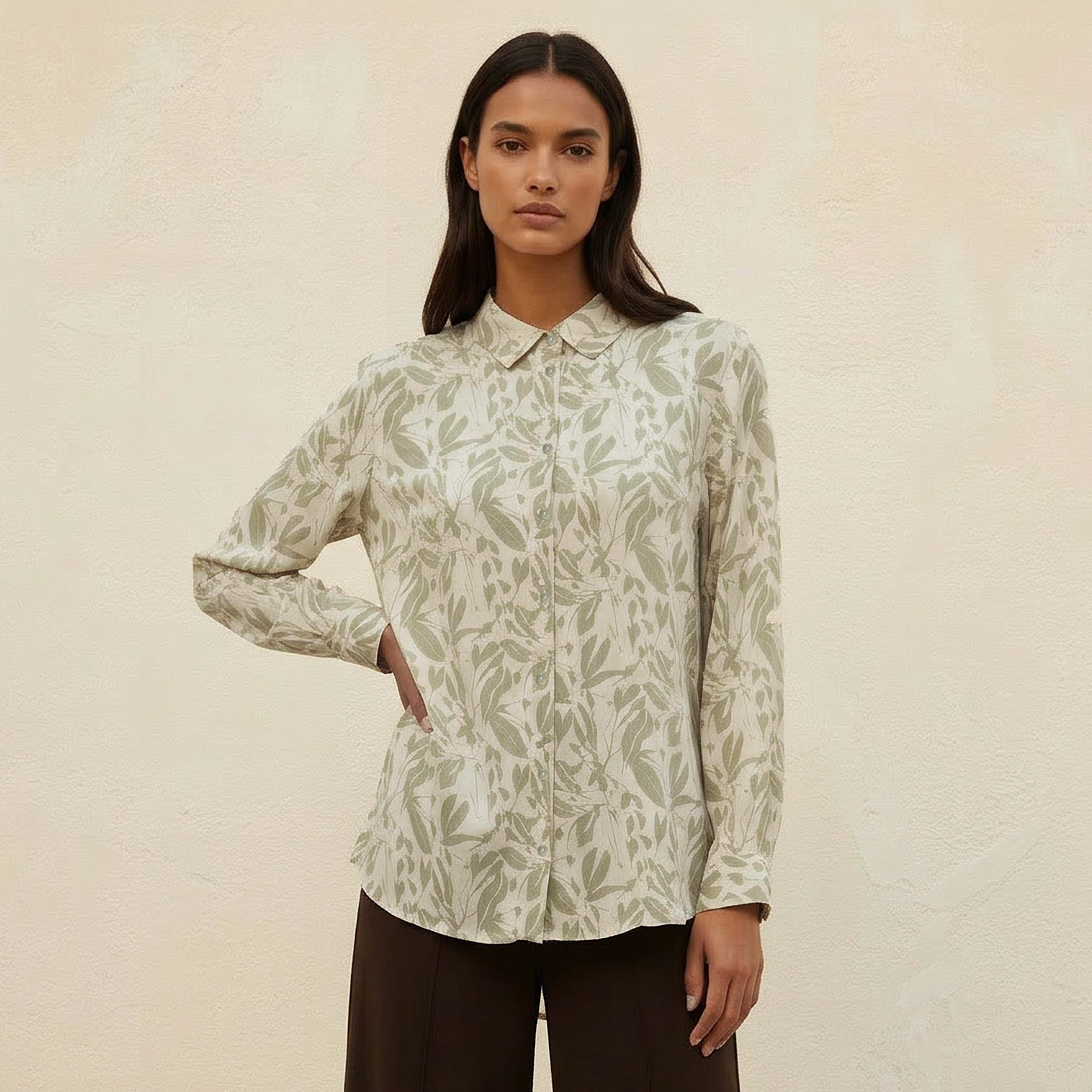 Viscose High-Low Hemline Shirt with Leaf Print-women-clothing-shirtsandblouses-shirts-image-1
