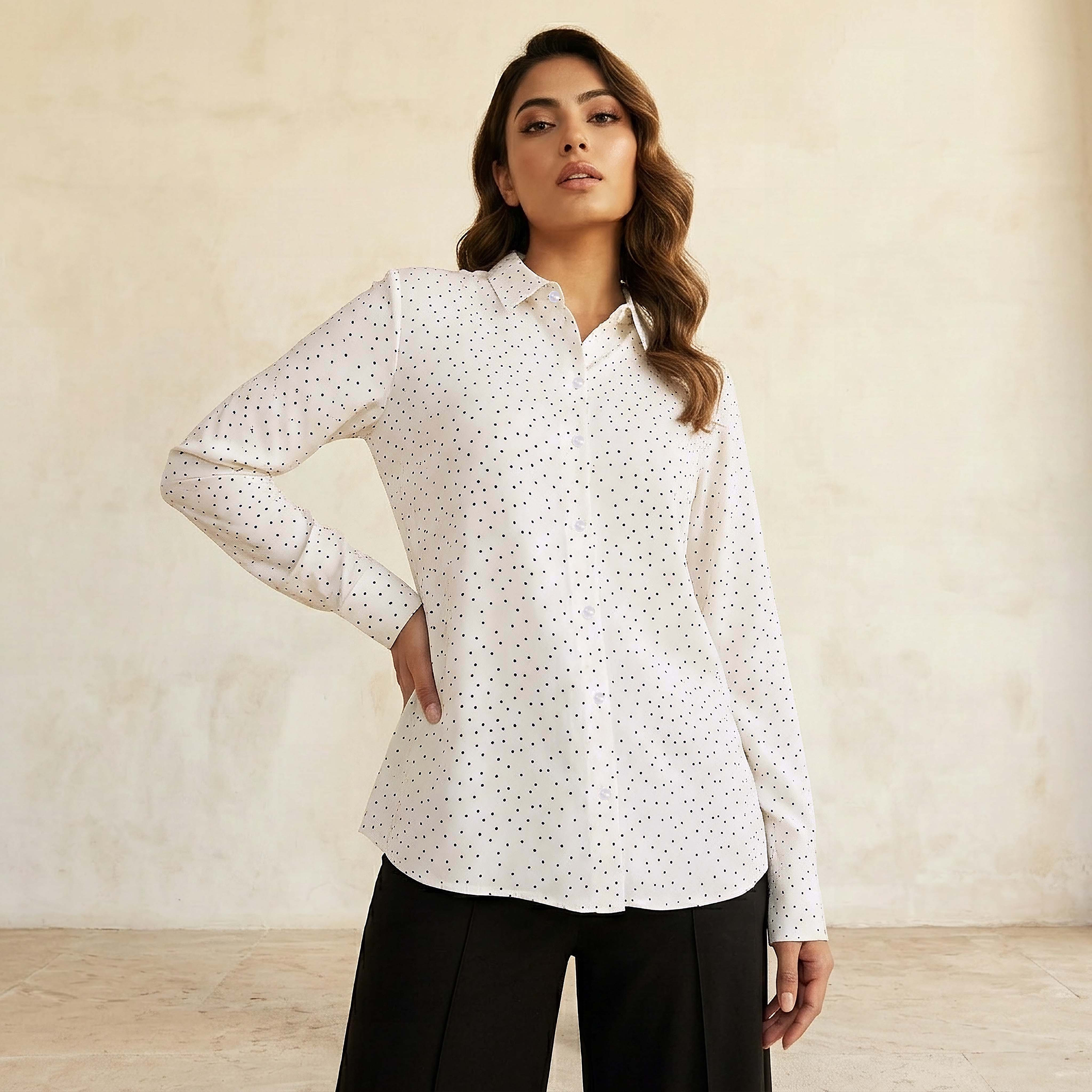 Viscose High-Low Hemline Shirt with Polka Dot Print-women-clothing-shirtsandblouses-shirts-image-1