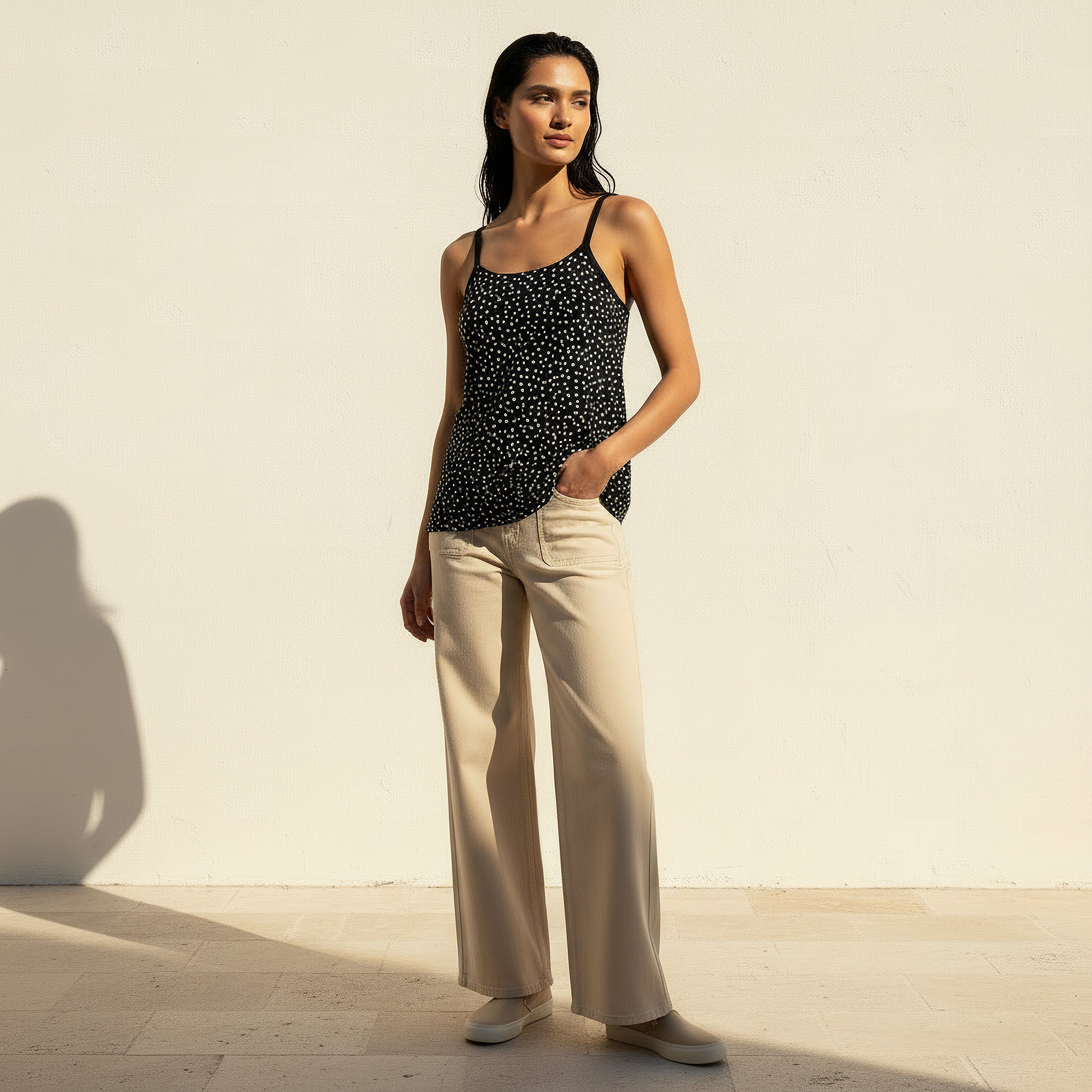 Slim Fit Spaghetti Strap Top with Polka Dot Print-women-clothing-tshirts-image-3