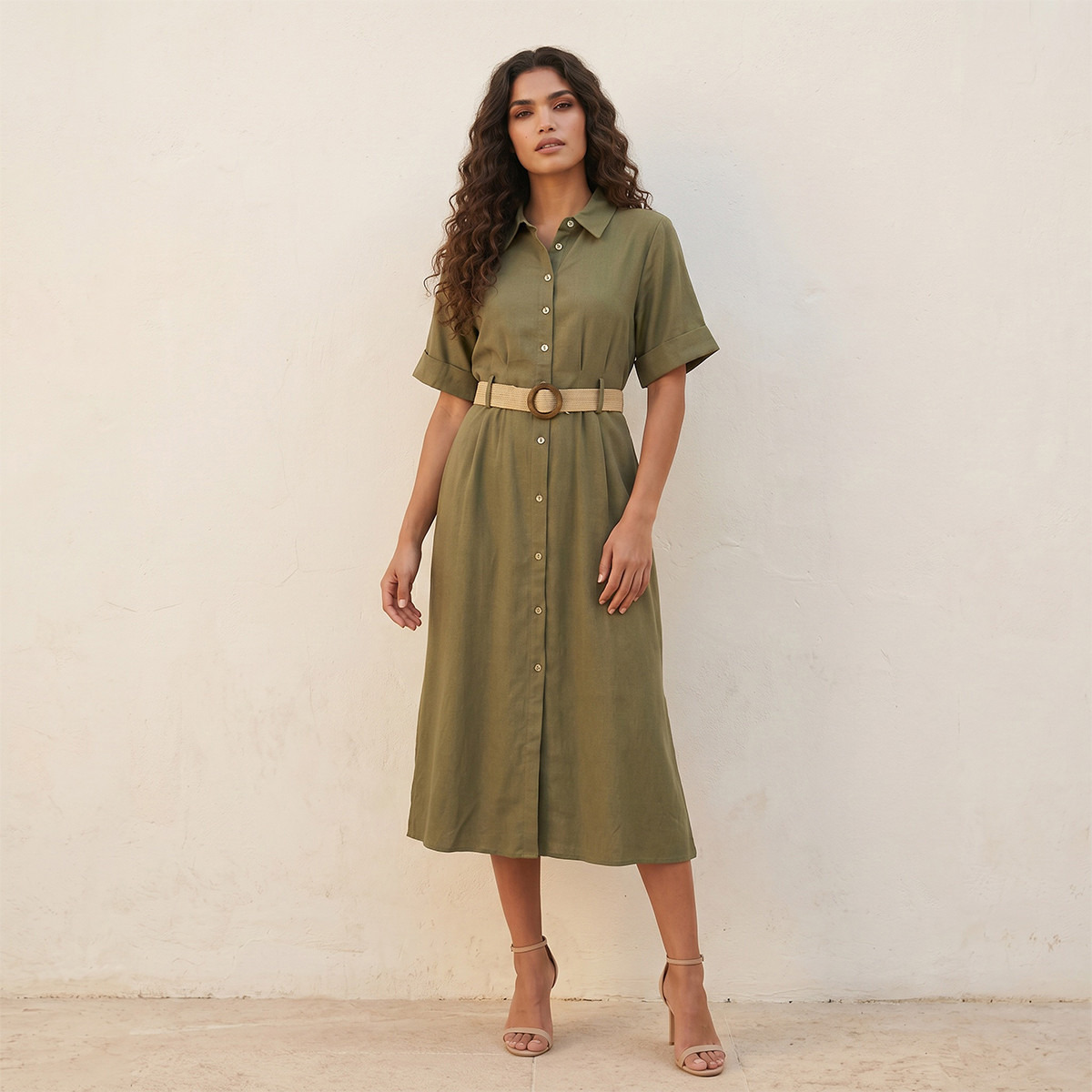 Splash Basic Belted A-Line Midi Shirt Dress-women-clothing-dresses-image-3