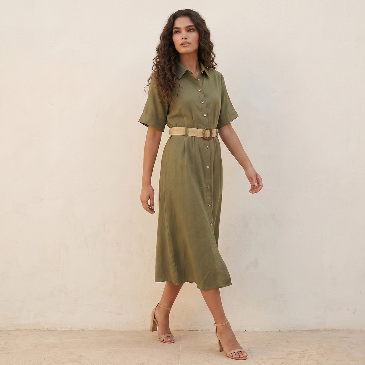 Splash Basic Belted A-Line Midi Shirt Dress-women-clothing-dresses-image-1