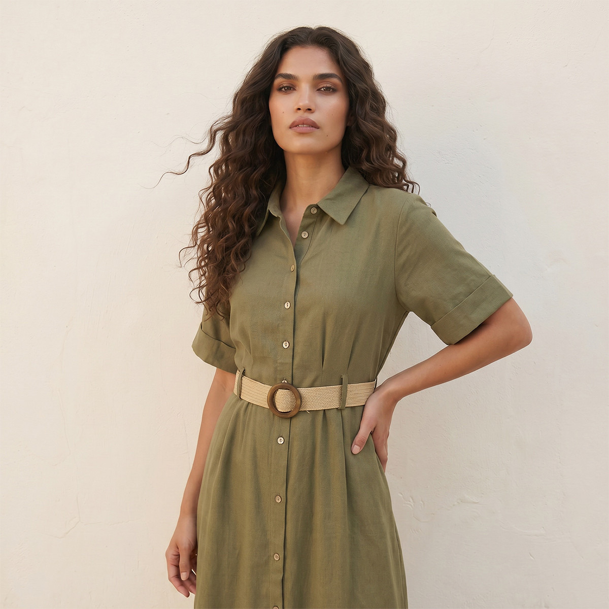 Splash Basic Belted A-Line Midi Shirt Dress-women-clothing-dresses-image-2
