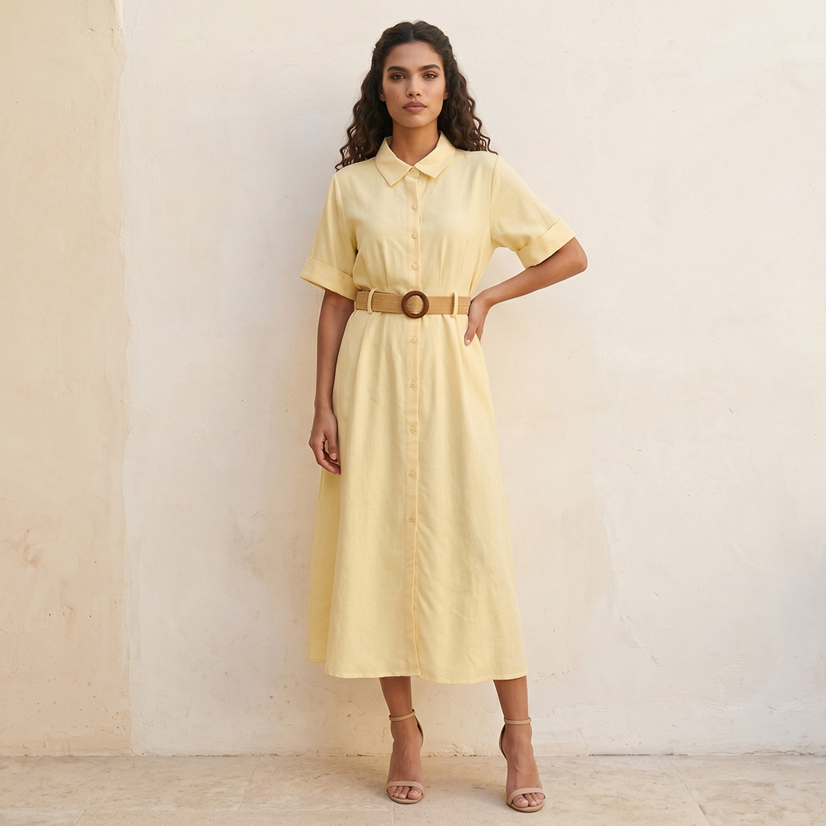 فستان قميص ميدي إيه لاين بحزام من سبلاش بيسك-women-clothing-dresses-image-4